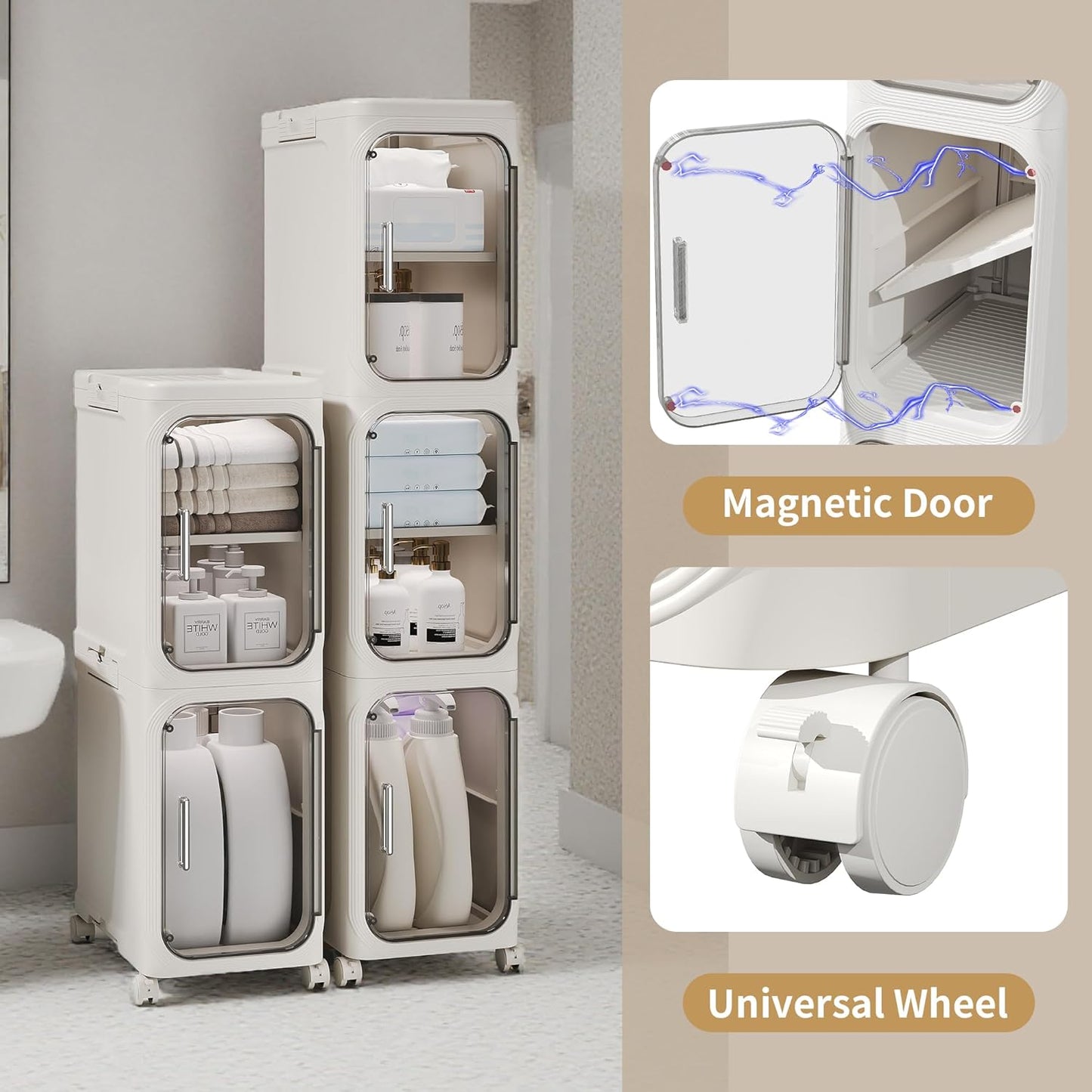 4-Tier Tall Narrow Storage Cabinet, Slim Bathroom Storage Cabinet with Adjustable Shelves and Wheels, Narrow Organizer for Small Space, Bathroom, Kitchen, Laundry, White