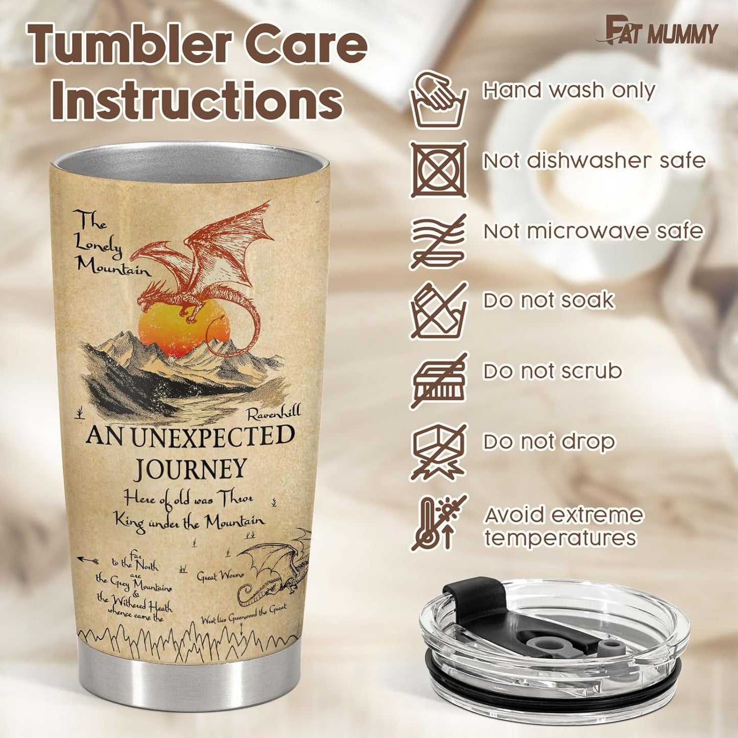Fantasy Dragon Map Tumbler – Epic Journey Inspired Stainless Steel Travel Mug with Lid, Bookish Fan Gift for Men and Women