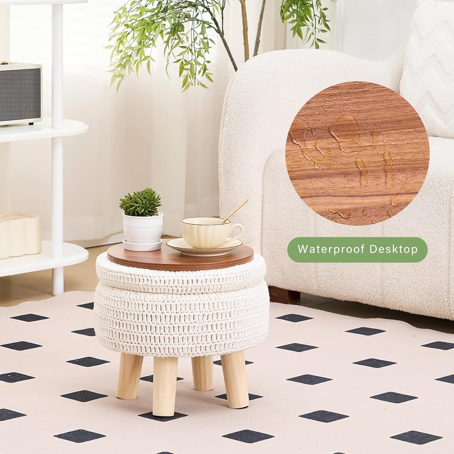 Wimarsbon Pouf Ottoman, 100% Cotton Knitted Boho Footstool, Round Footrest with Non-Skid Wood Legs, Home Décor Handmade Pouffe, Leisure Floor Step Stool for Living Room (Storage Beige)