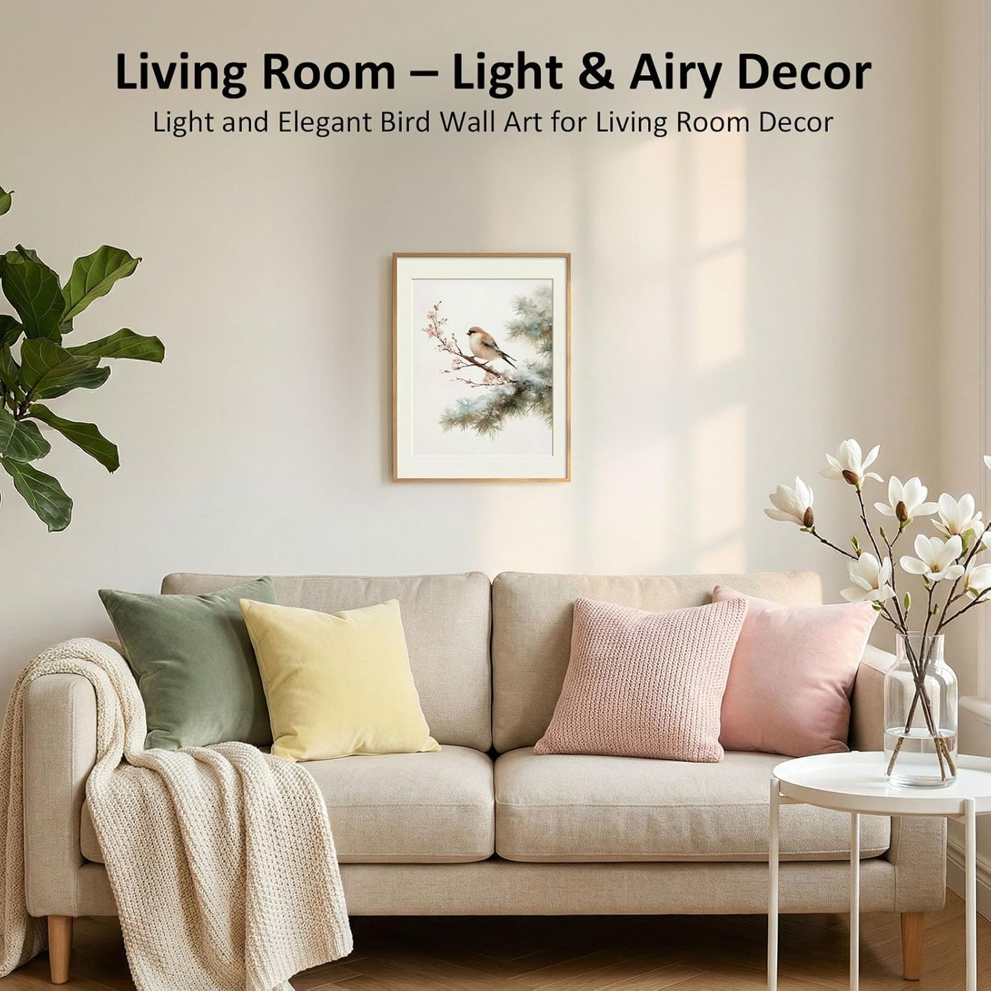 CYLDGNS Little Bird Spring Wall Art Print, Vintage Ink Style Bird on Branch, Neutral Cottage Nature Artwork for Living Room Bedroom Decor, Unframed (8X10in)