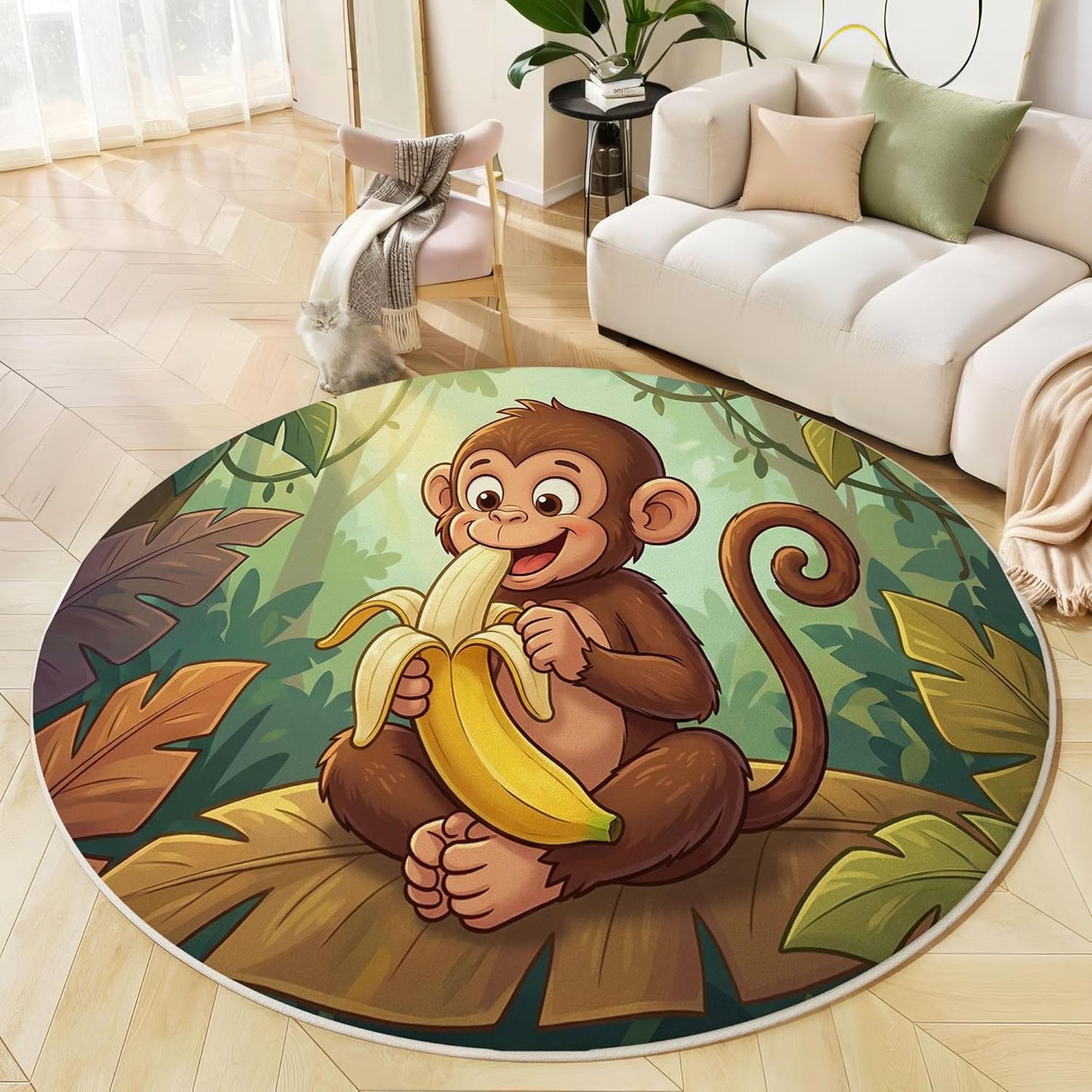 Modern Round Area Rug for Living Room, 5Ft Washable Round Rug Emerald Green Tropical Monkey Banana Circle Rugs for Dining Room Table, Cartoon Animal Small Circular Floor Carpet for Bedroom