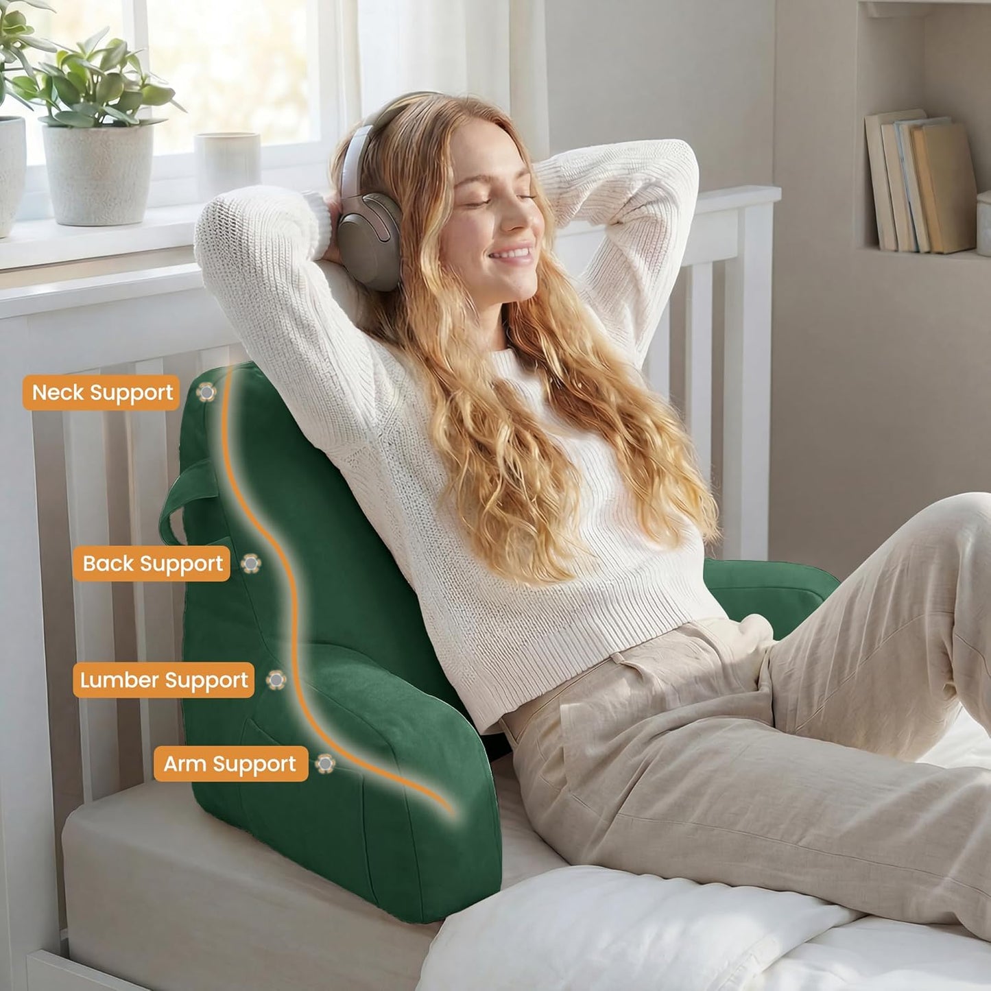 Portable Comfy Reading Pillows for Bed Sitting Up(Green Oeko-Tex), Velvet Back Pillow with Arms & Pockets for Adults, Support Memory Foam Bed Pillow for Dorm/Reading/Watching/Gaming