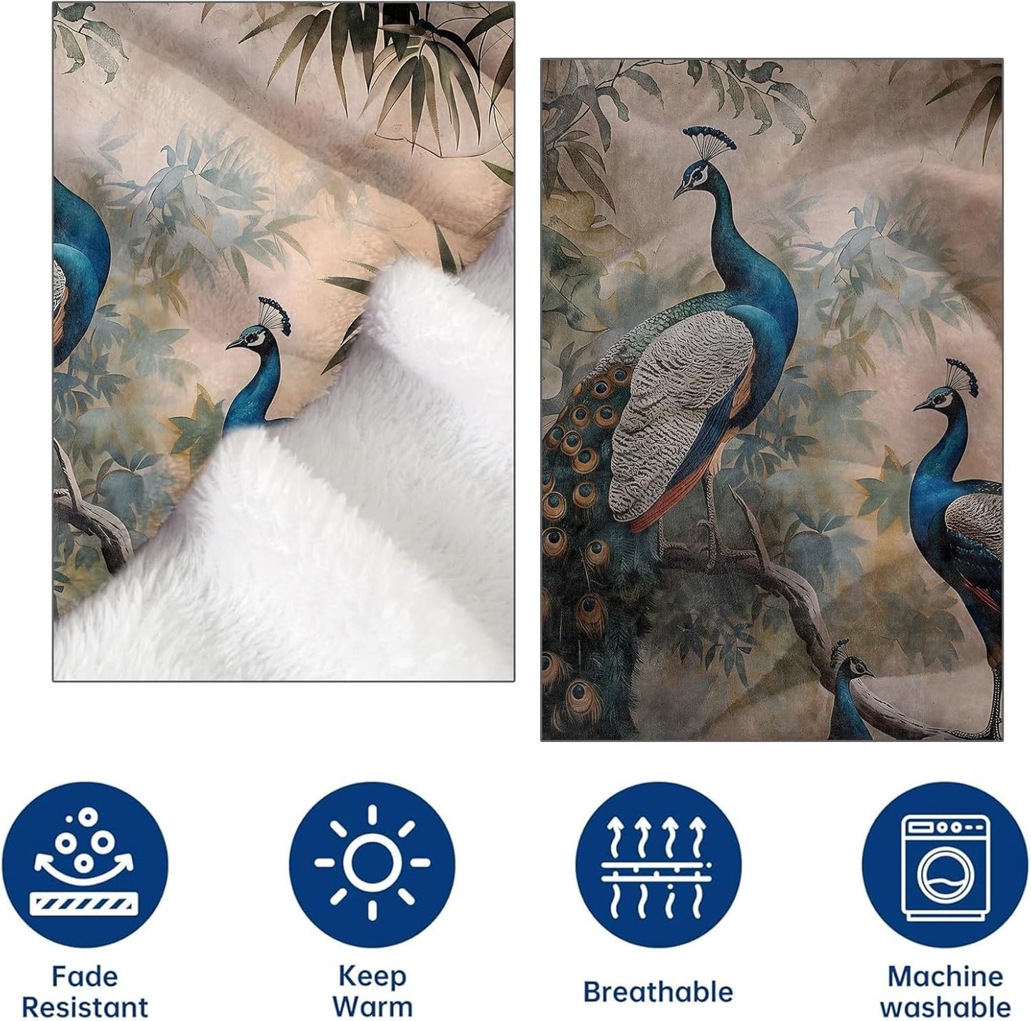 Vintage Peacock Flannel Throw Blanket 50x60 Inch, Elegant Animal Perched on Botanical Branch Blankets Soft Cozy Fleece Throws for Nature Lover Bed Sofa Dorm Living Room Home Decor Gifts