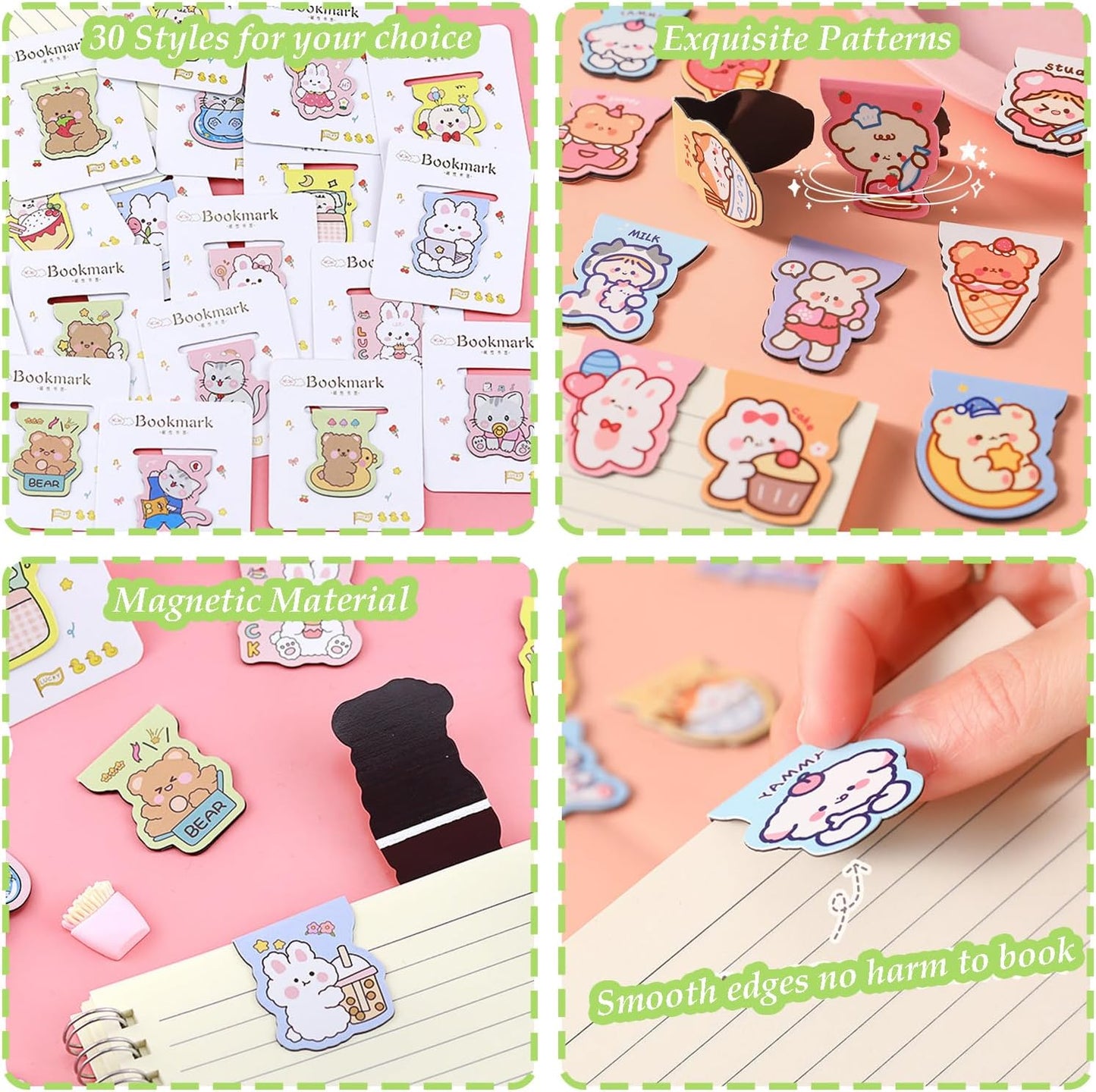 30PCS Cute Magnetic Bookmarks, Magnet Book Markers with 30 Patterns, Kawaii Girls Animals Page Clips, Cartoon Bookmark for Women Home Office Supplies