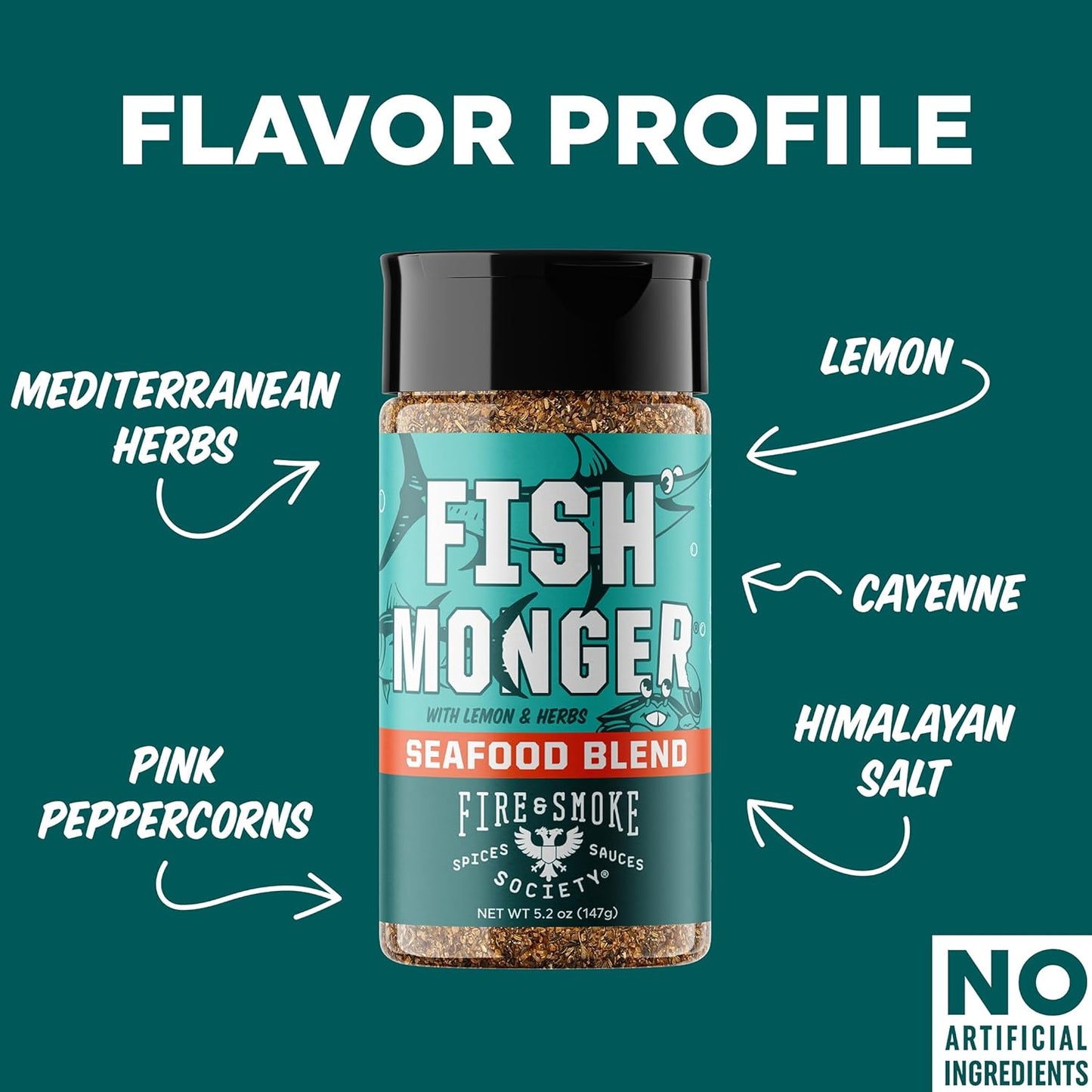 Fire & Smoke Society Fish Monger Seafood Seasoning | Fish Seasoning for Snapper, Swordfish, Tuna, Catfish, Salmon | Himalayan Pink Salt, Garlic, Aromatic Herbs, Lemon and Orange Peel | M 5.2 oz
