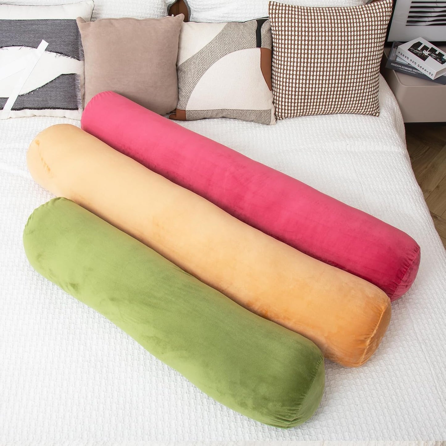 Bolster Pillow for Bed, Long Round Body Pillow for Adults with Removable Velvet Cover, Decorative Tube Roll Cylinder Pillow, 47 x 7.87 Inch, Green