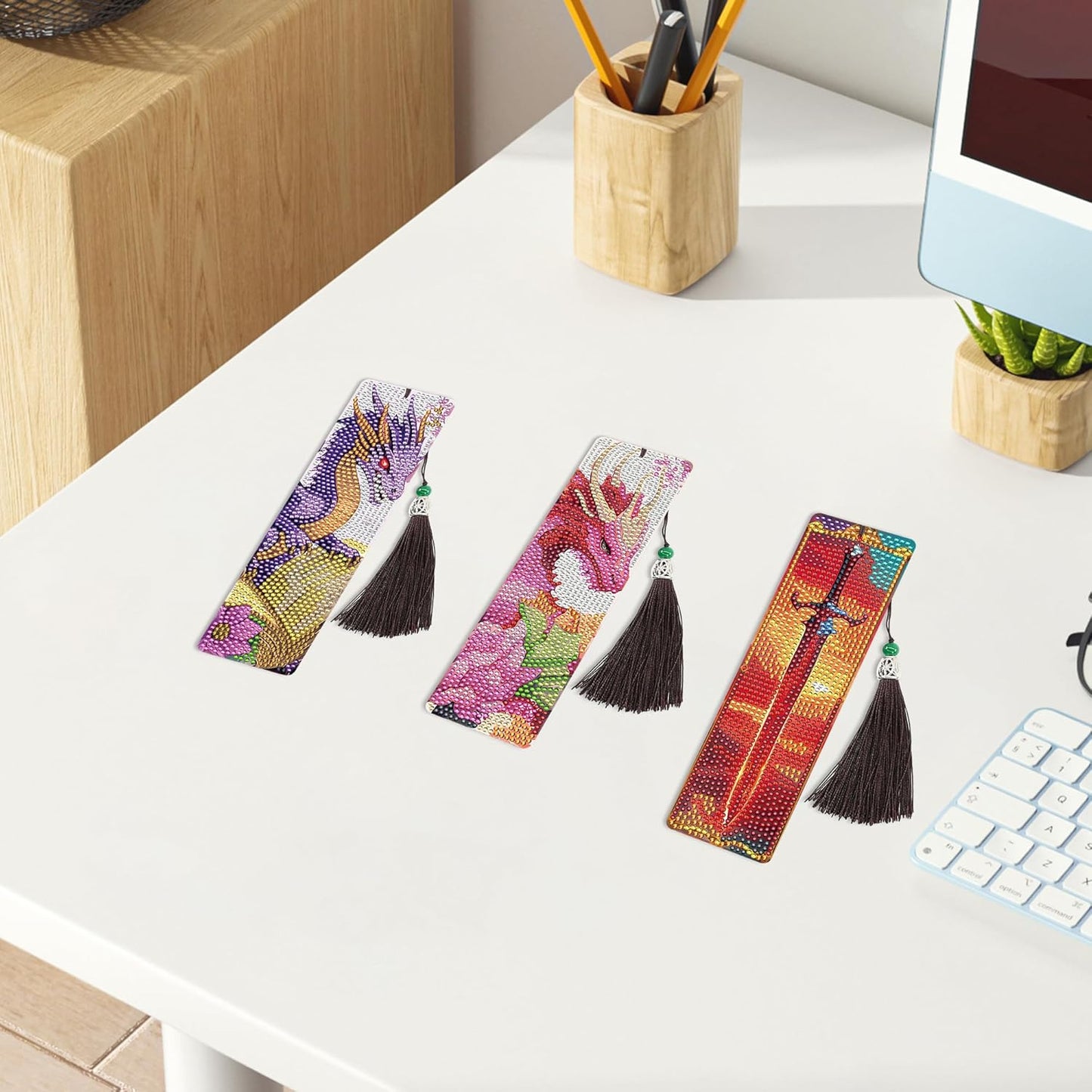 8 Pcs Dragon Sword Diamond Art Bookmarks Kit, Fantasy Diamond Painting Book Marks Kit with Tassels for Adults Beginners, DIY Bookmark Making Kit for Reading Men Boys Boook Lovers, Bookish Gifts