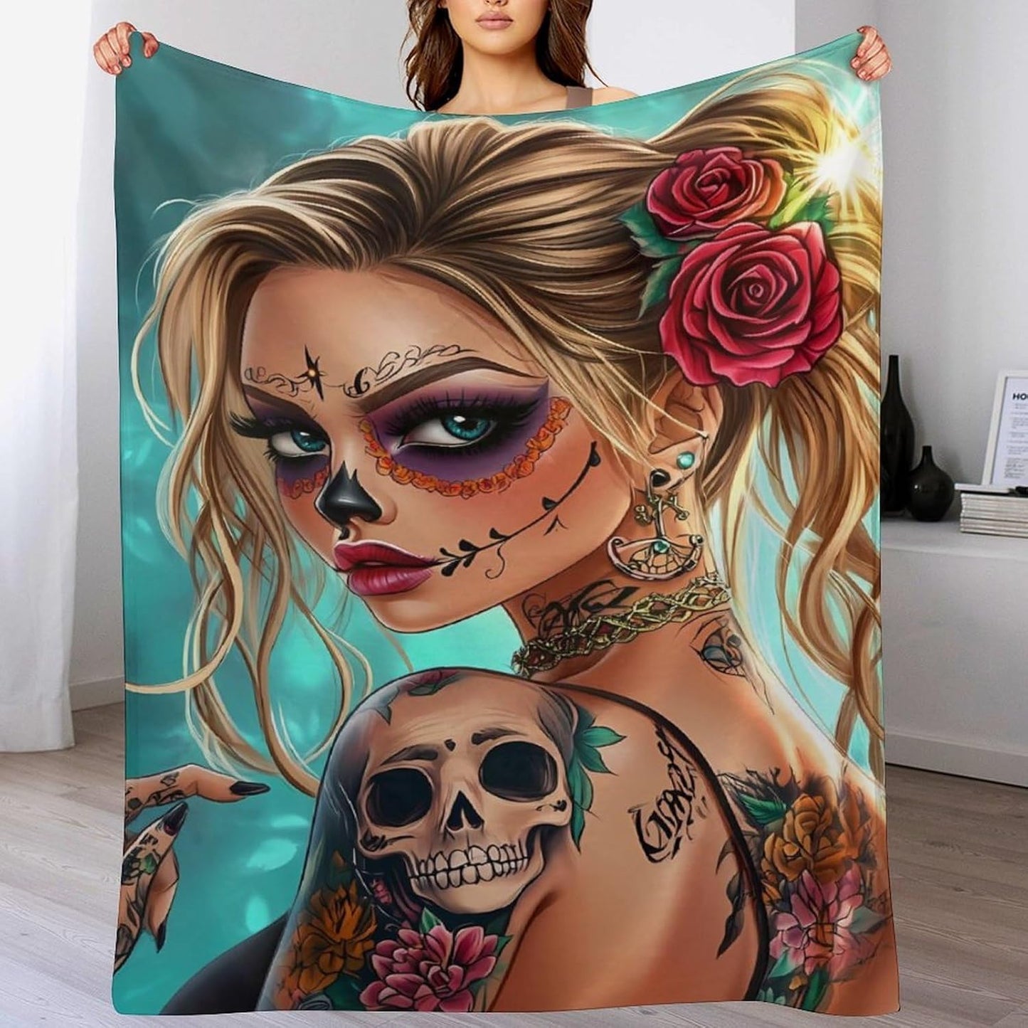 Day of The Dead Skull Throw Blanket for Couch Bed Plush Cozy Fuzzy Flannel Blanket for All Season 40"x60"