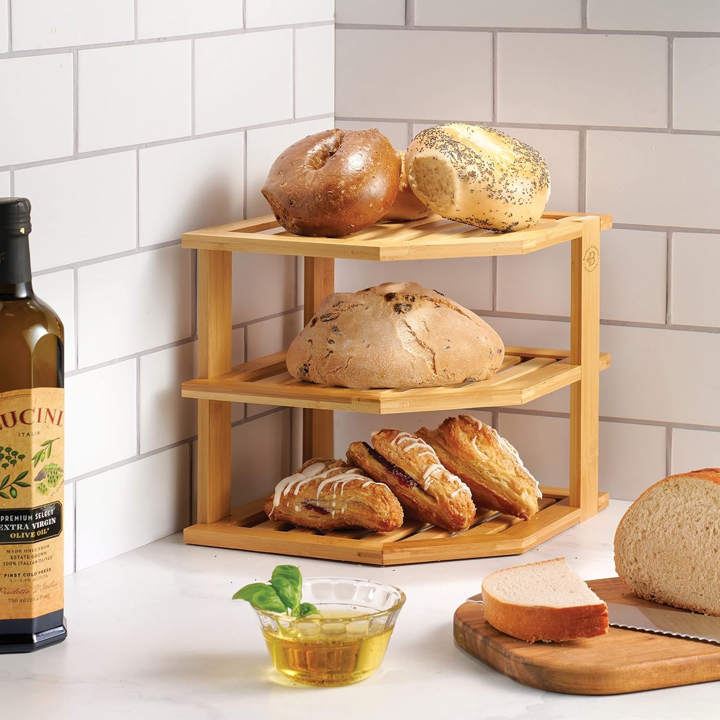 Plate Organizer for Cabinet - 3 Tier Bamboo Corner Shelf Cabinet Organizer for Plates, Bowls, Mugs and Pantry Storage, Space Saving Countertop and Cabinet Corner Shelf, 10 x 10 x 9.5 Inch, Bambusi | Kitchen Counter, Cabinet Space Saver, Plates, Dishes, Bo