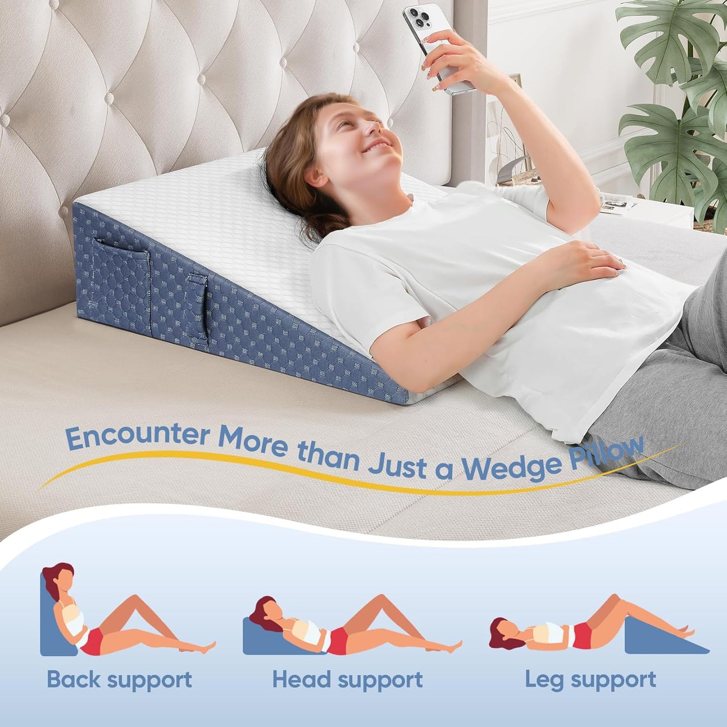 Wedge Pillow for Sleep, 7.5inch Bed Wedge Pillow for Headboard, Acid Reflux, Heartburn, GERD, Neck Pain, Cooling Memory Foam Top, Removable Washable Cover Wedge Pillow for Improved Sleep