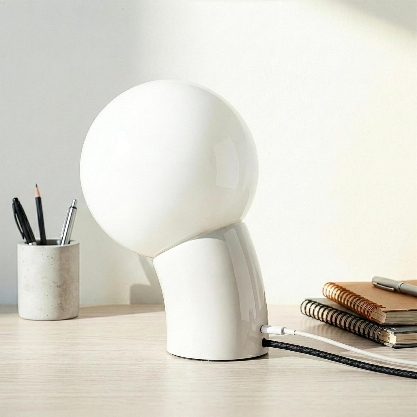 Brightech Vino LED Table Lamp - Small 8" Modern Dimmable Metal Lamp with USB-C Charging, Frosted Glass Globe Shade - Warm White Accent Light for Bedroom, Living Room, Bedside, Nightstand - Cream
