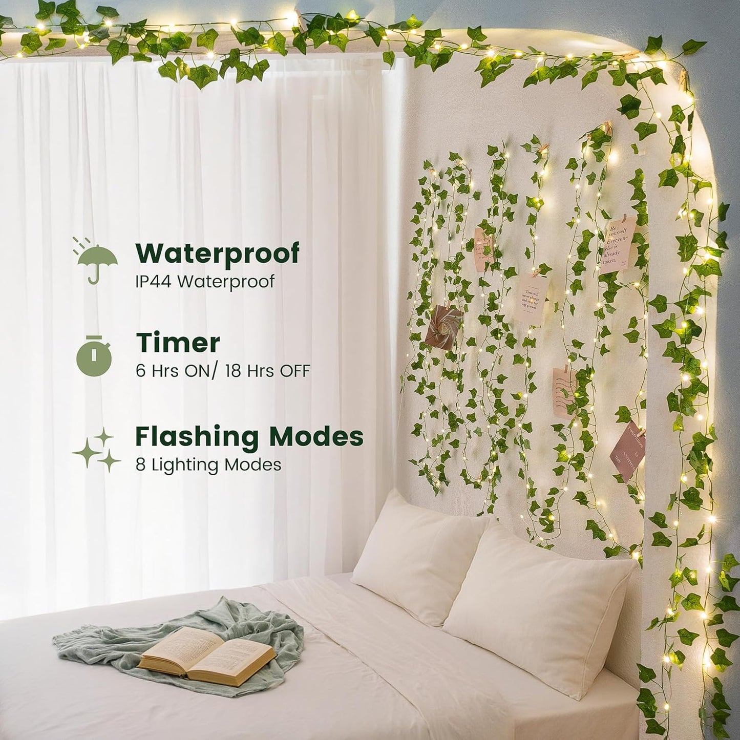 HEYFUNi Fake Ivy Vines with Lights, 23 Ft 73 Led Artificial Greenery Garland with Fairy Lights USB/Battery Operated, Leaf String Lights for Bedroom Aesthetic, Wall, Balcony, Wedding Decor, Warm White