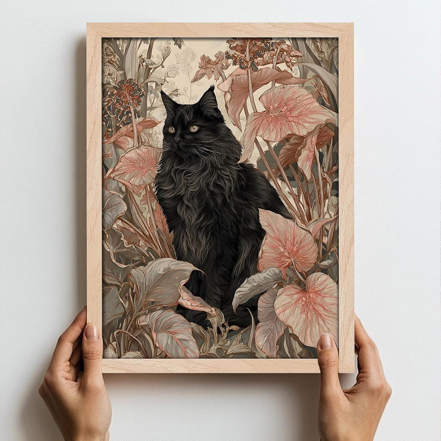 Leaf&Lore Framed Black Cat Botanical Wall Art – Vintage Floral Cat Canvas Painting with Solid Wood Frame & Acrylic Cover, Elegant Nature Picture Prints for Living Room Home Decor12x16IN