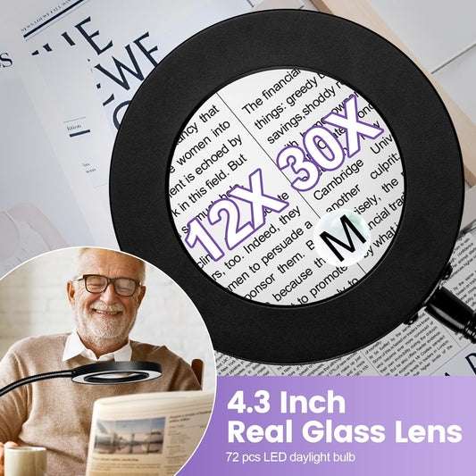 30X 12X Magnifying Glass with Light and Stand, 3-Color Stepless Dimmable LED Magnifying Floor Lamp, 24" Gooseneck Adjustable Swing Arm Lighted Magnifier Lamp with Clamp for Reading Esthetican