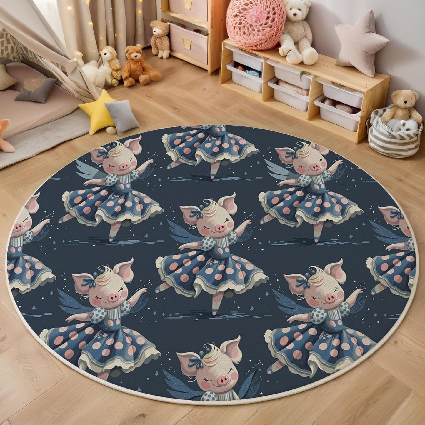 Washable Fun Dress Pig Area Rug, 3Ft Round Rugs for Living Room Soft Carpet for Bedroom Animal Starry Sky Indoor Stain Resistant Non-Shedding Floor Carpet, Dark Blue, 3Ft-Round
