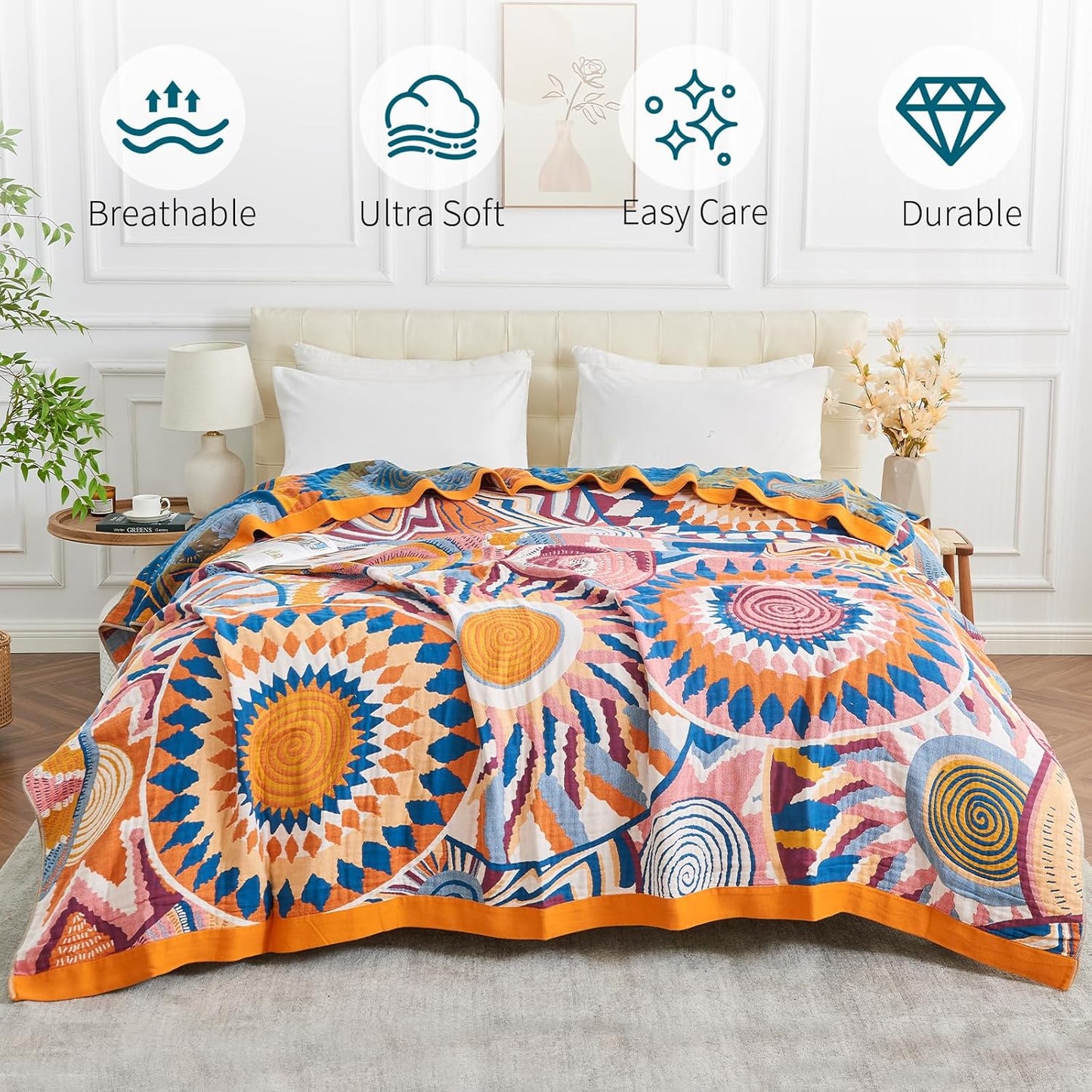 Boho Throw Blanket for Bed-100% Cotton Soft Breathable Farmhouse Decor Boho Quilt for Sofa (Colorful Sun, 60"x80")
