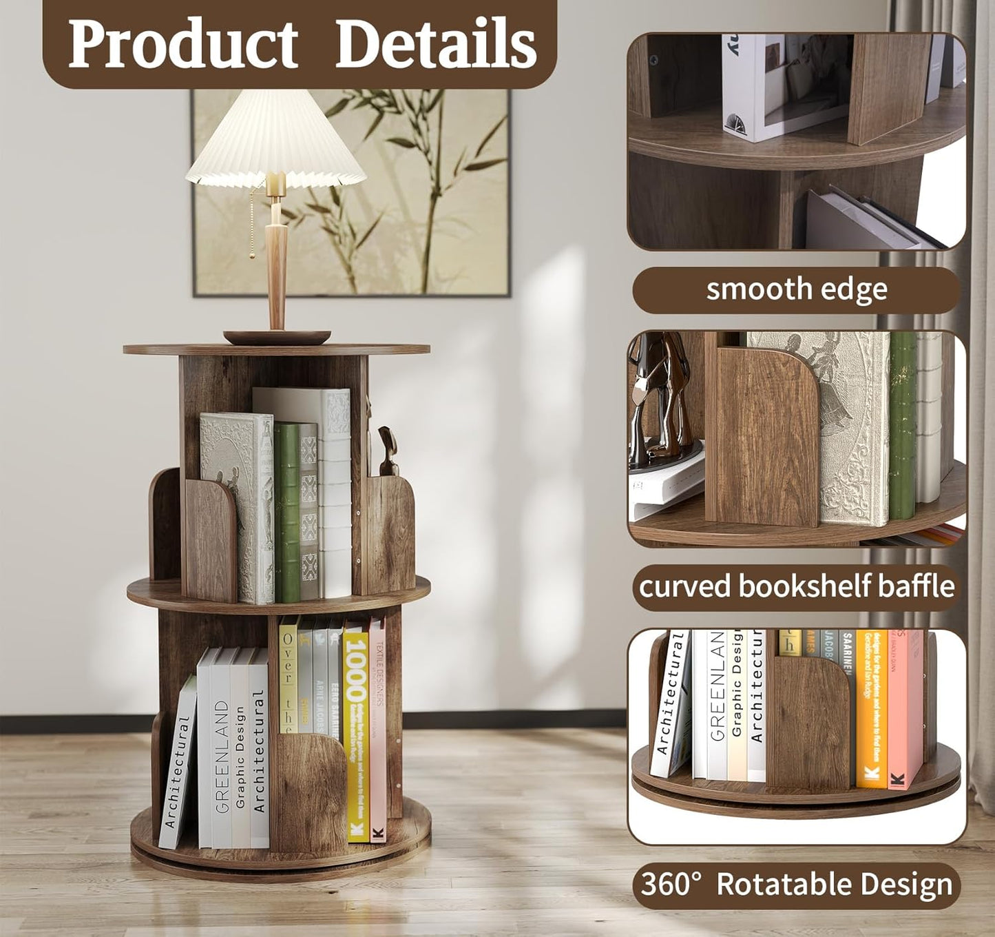 2-Tier Rotating Bookshelf, 360° Display Revolving Bookcase Space-Saving Storage Round Shelf for Corners, Living Room, Bedroom, Office, Kids Room (Light Brown)