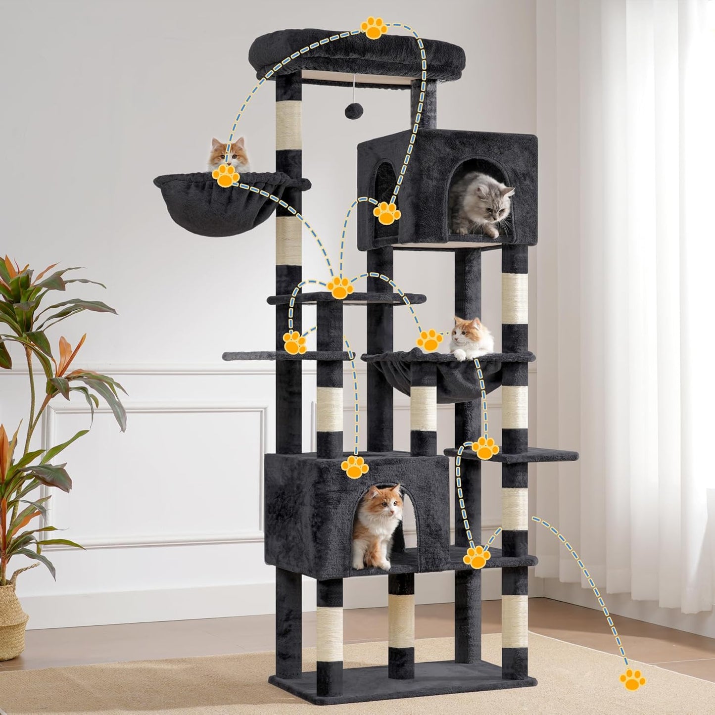 Heybly Cat Tree, 76-Inch Tall Heavy Duty Cat Tower for Big Cats with Extra Wide Baseboard, Multi-Level Large Cat Furniture with 2 Condos & 2 Hammocks, 10 Scratching Posts, Smoky Gray HCT039G