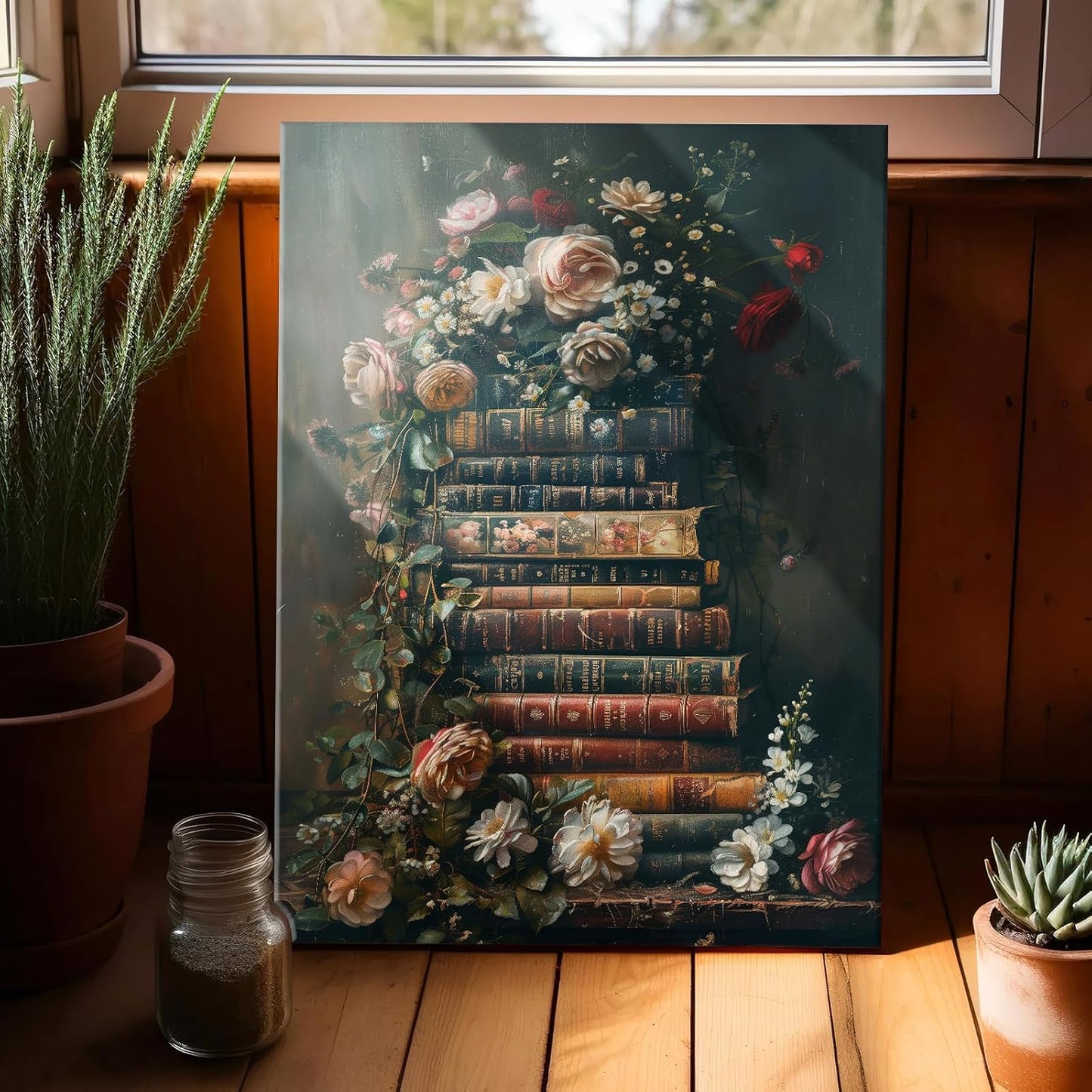 Framed Vintage Floral Wall Art Moody Flowers Books Art Painting Dark Wildflowers Academia Gallery Picture Print Wall Decor Rustic Country Canvas Decor for Living Room Office 12X16In