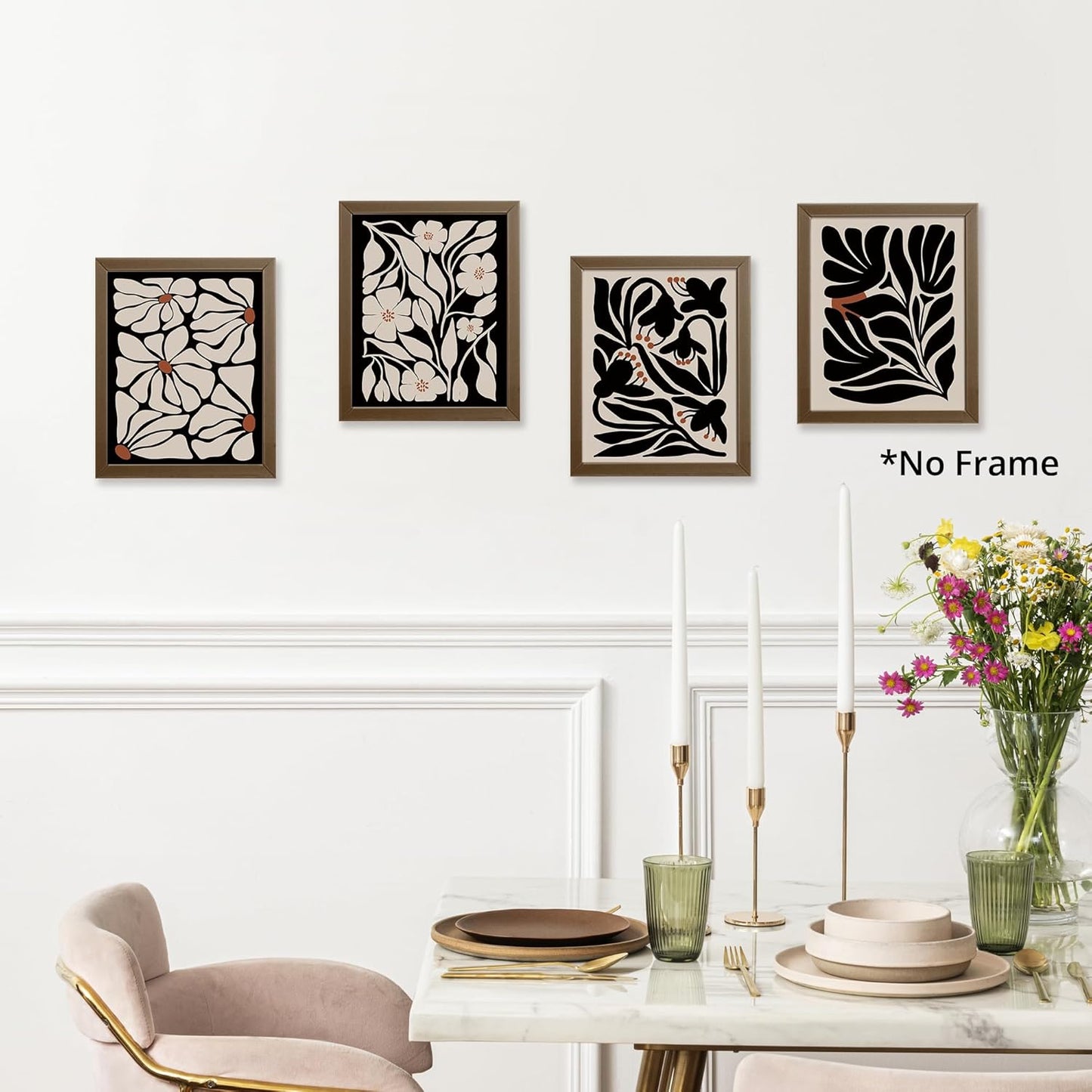 Abstract Boho Black flowers Plant Poster Prints for Home Living Girl Room Dorm Office Decor,Vintage Botanical Bohemian Neutral Floral Decorations Prints Aesthetic Wall Art Unframed 4pcs