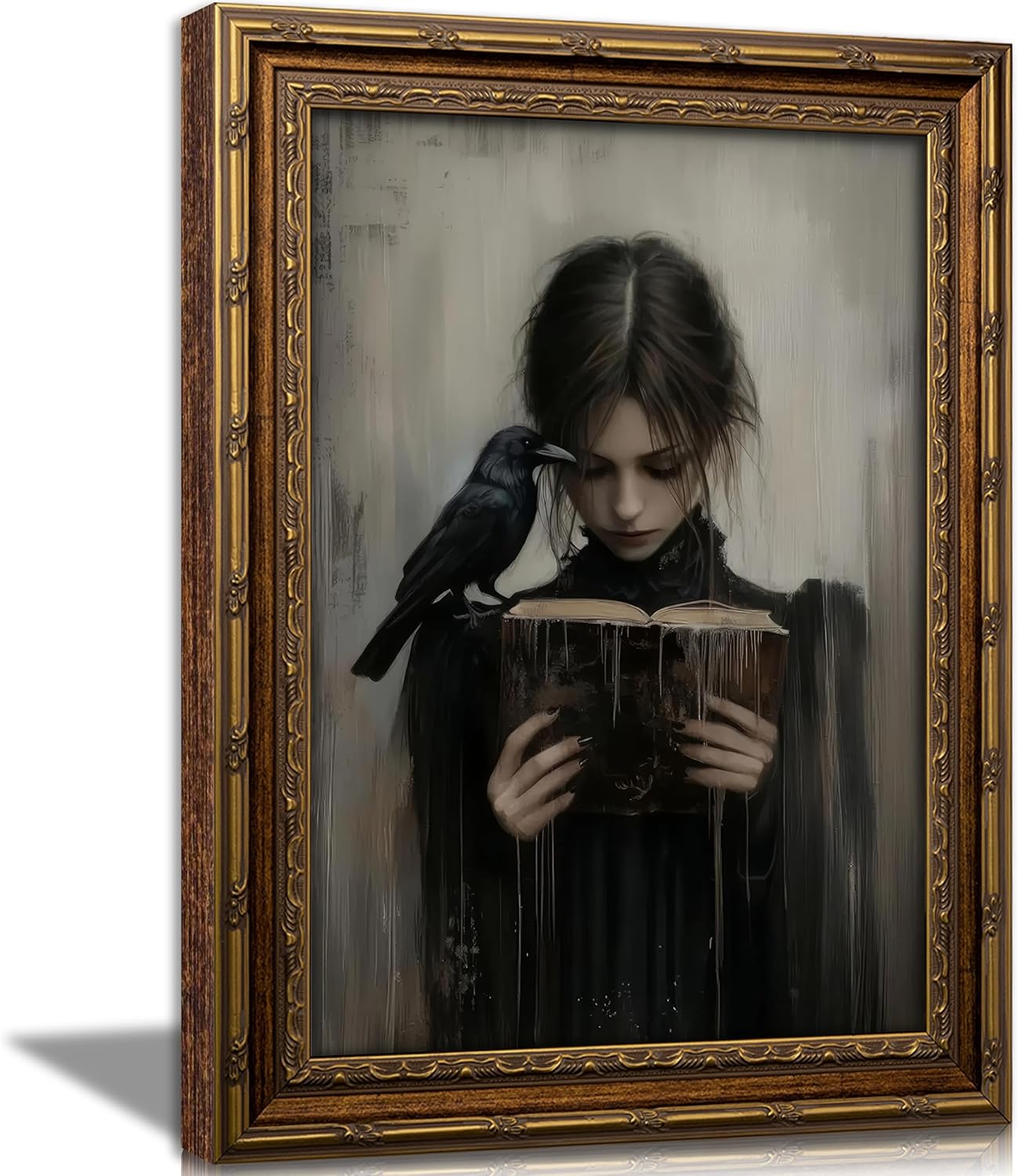 Vintage Gold Framed Girl Reading Book Canvas Wall Art Dark Academia Gothic Raven Painting Picture Wall Decor Retro Victorian Woman Poster Print Artwork for Living Room Bedroom Home Decoration