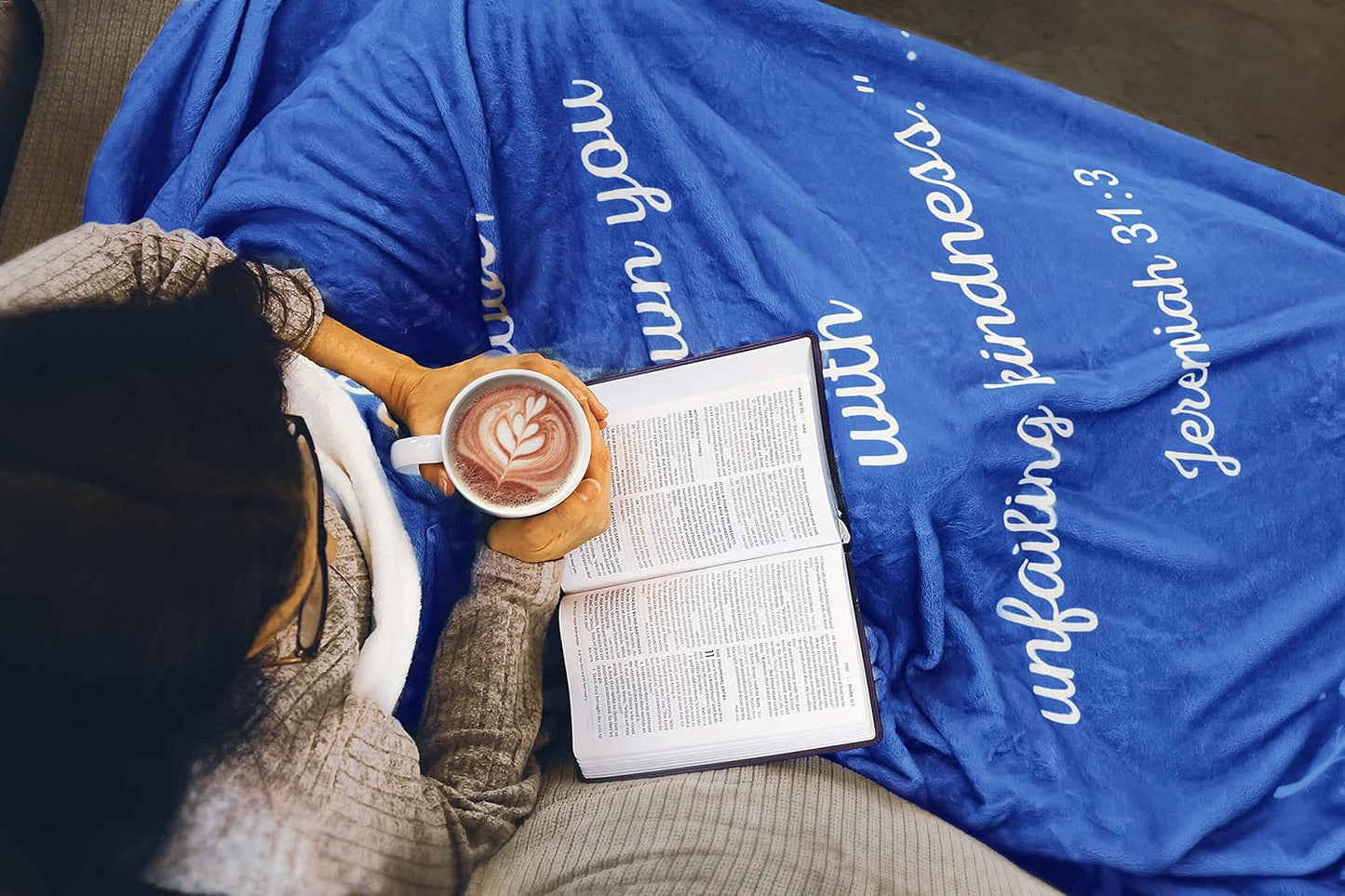 Scripture Blanket Soft Prayer Blanket with God's Love Verse from Jeremiah 31:3 - Blue 50"x65" Inspirational Bedspread - Lightweight Flannel Fleece Bible Verse