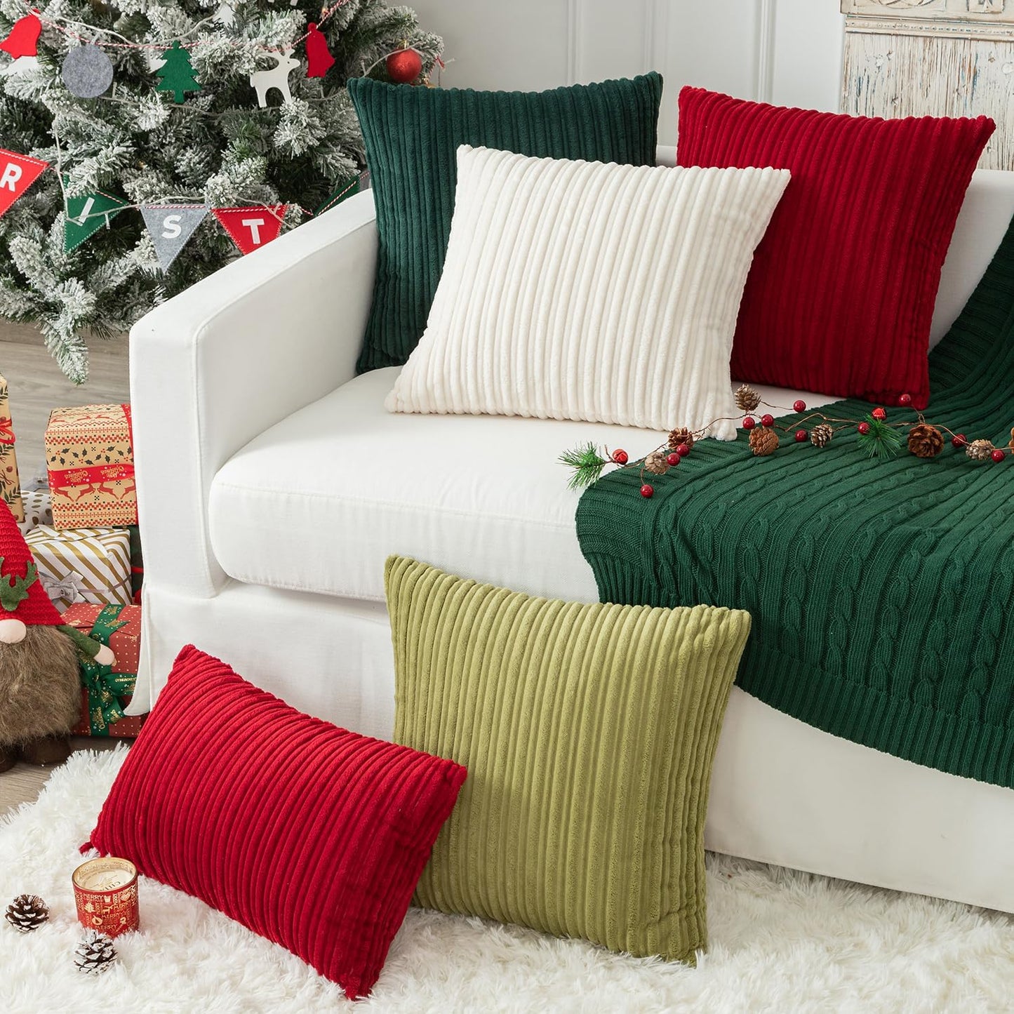 Kevin Textile Set of 2 Oblong Pillow Covers Christmas Plush Striped Corduroy Velvet Rectangular Lumbar Throw Pillow Case 12x20 Cushion Cover for Chair, 30 x 50cm, Creamy White