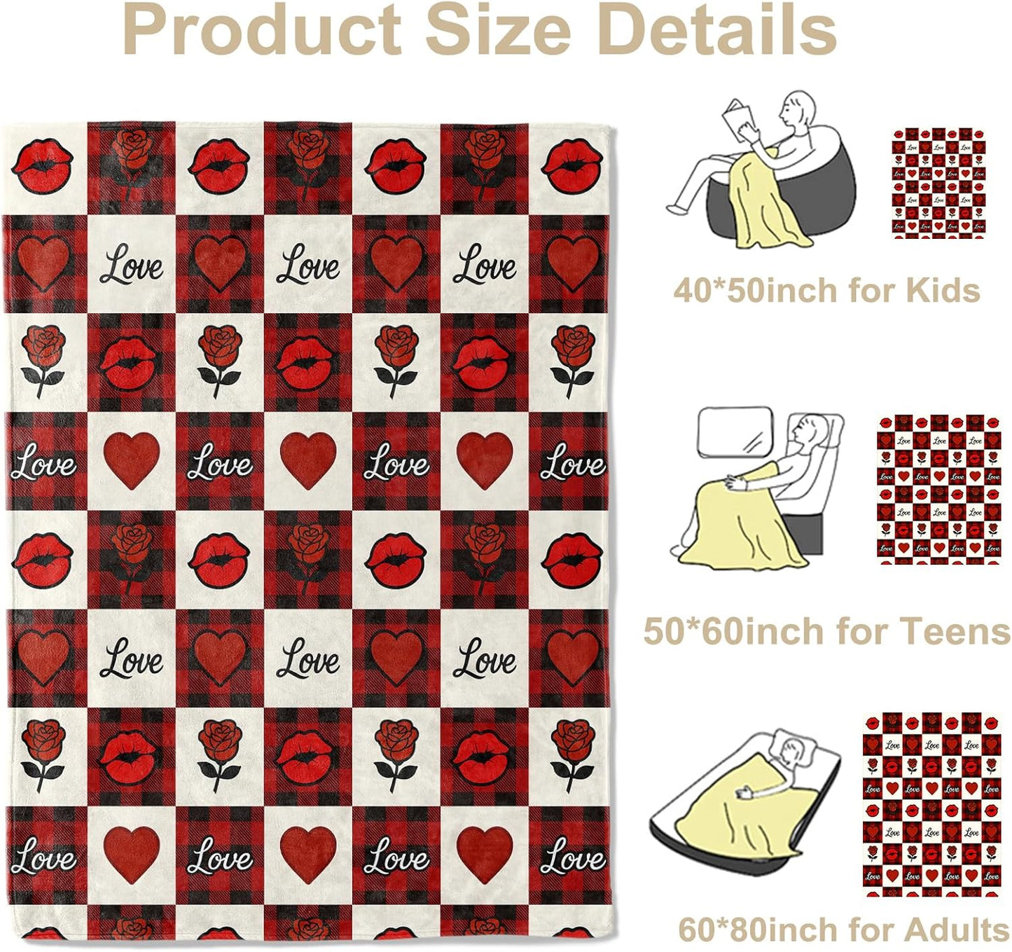 Romantic Love Throw Blanket, Lightweight Warm Red Black Buffalo Plaid Heart and Lips Flannel Blanket with Rose, Home Decor and Gifts, Soft Cozy Blankets for Women Couples, 50"x60" for Bed Couch Travel
