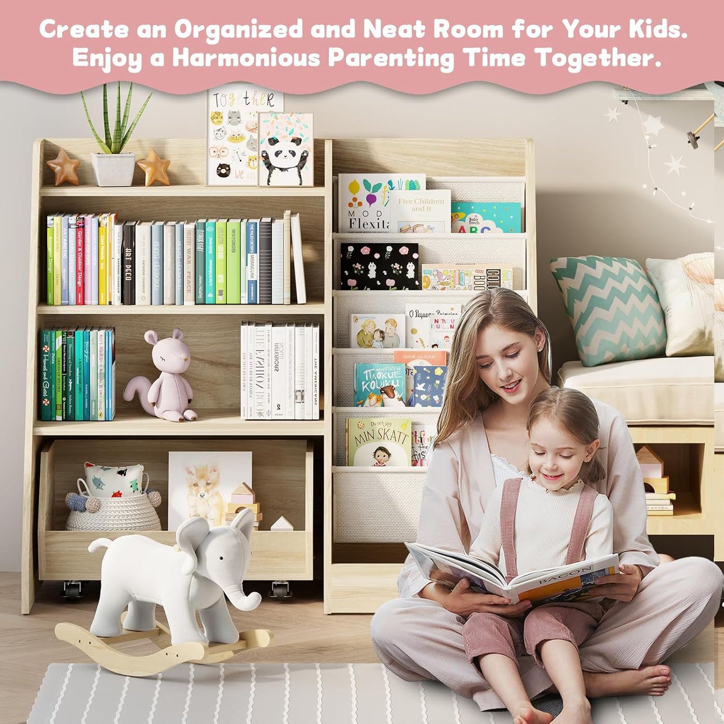 COZPAW Kids Bookshelf and Toy Storage, 4 Tier Toddler Bookshelf with Movable Drawer (Oak)