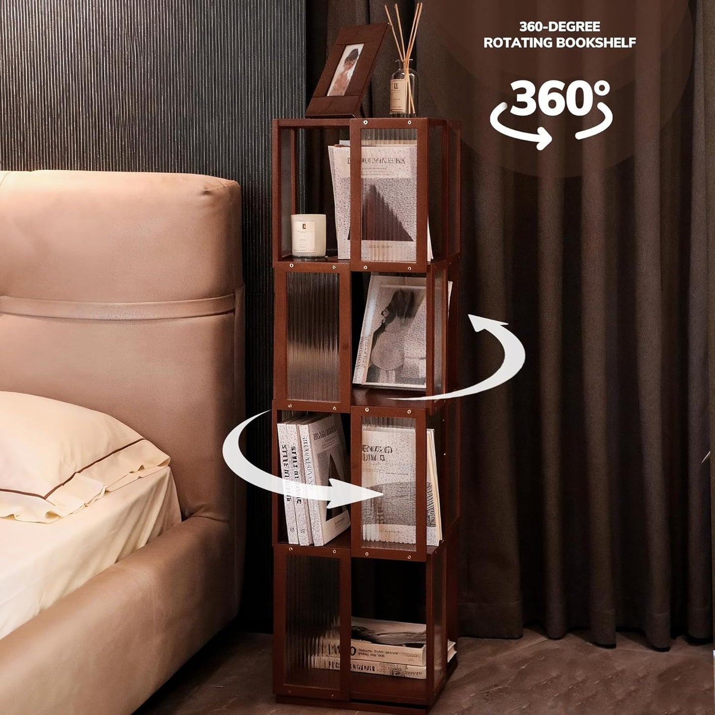BAMEOS Rotating Bookshelf Tower 4 Tier, 360 Spinning Bookcase with Solid Wood Frame & Bamboo Finish, 4-Component Easy Assembly Corner Book Shelf for Small Spaces, Office, Bedroom, Living Room