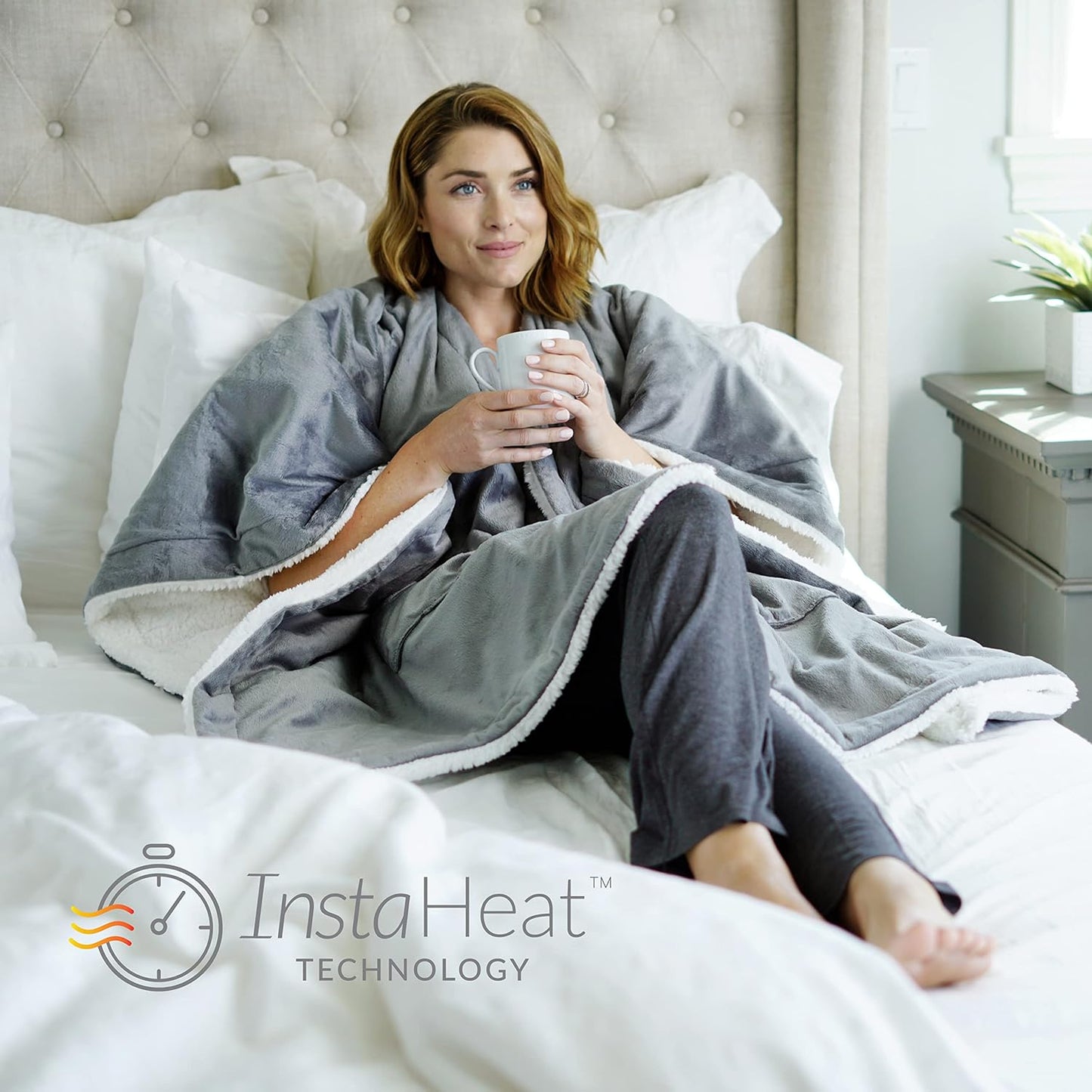 Pure Enrichment PureRelief Plush Heated Shawl - 4 InstaHeat Settings, Wearable Design with Snap Closures, Deep Pockets, Soft Micromink & Sherpa Fabric, Auto Shut-Off Timer, & Machine Washable