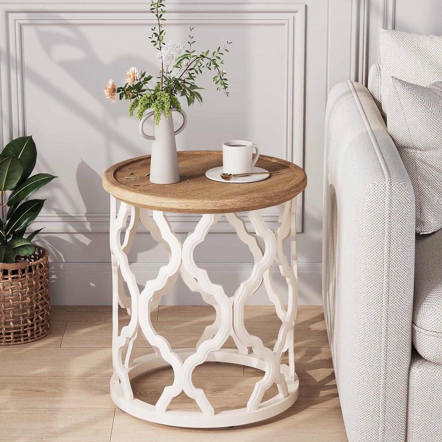 karlott Farmhouse End Table, 18.5'' French Country Round Side Table, Distressed Tray Top Side Table with Curved Motif Frame Base for Boho, End Tables Living Room, Bedroom, Small Space, Easy Assembly