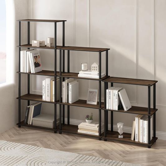 Furinno Turn-N-Tube Book Shelf, 4-Tier Bookshelf, Bookcase with Multipurpose Compact Display Rack, 11.6 x 23.6 x 43.2, for Living Room, Bedroom, Home Office, Columbia Walnut/Black