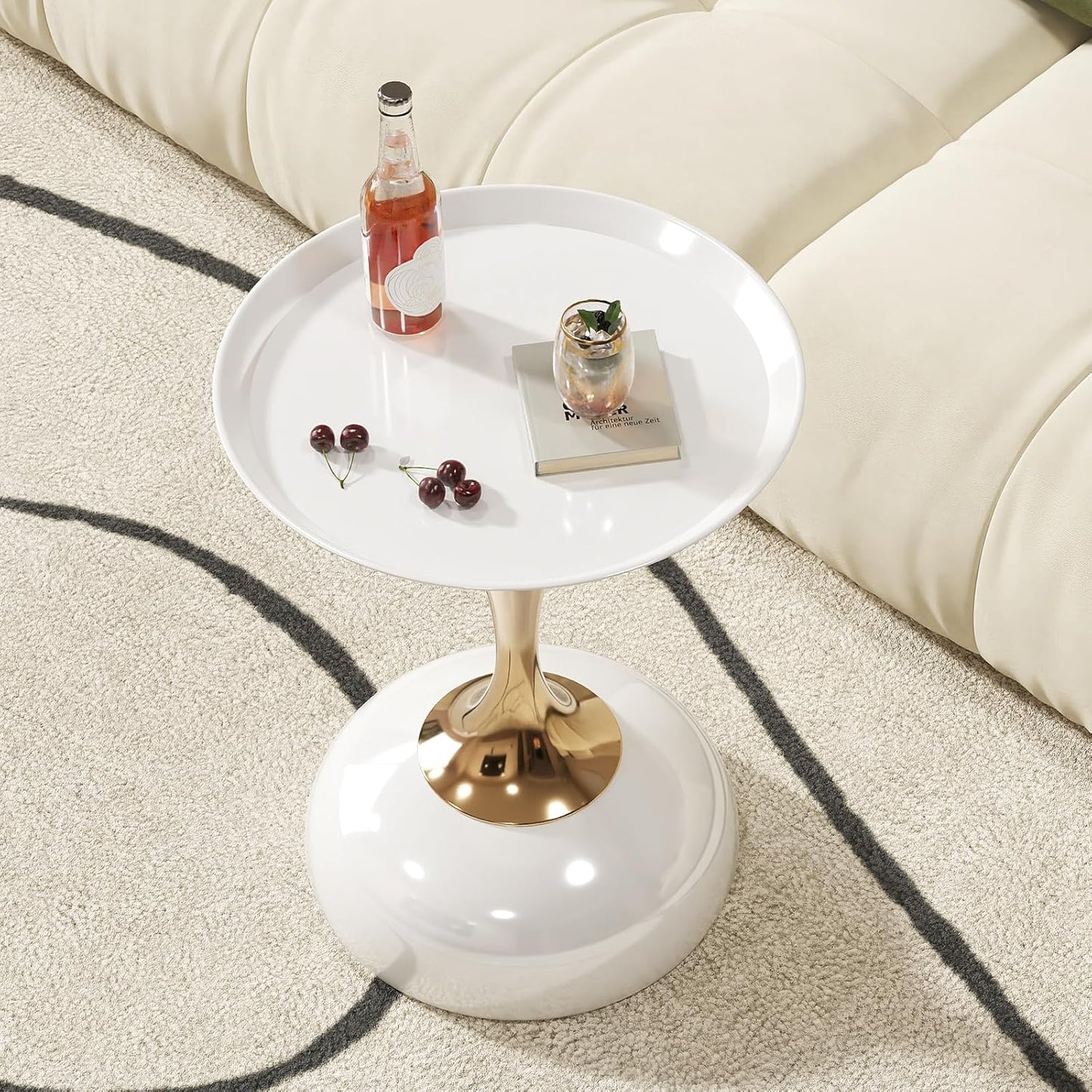 Small White Round Side Table with Gold Pedestal Base - Modern Chic Accent End Table for Living Room, Bedroom & Office Spaces