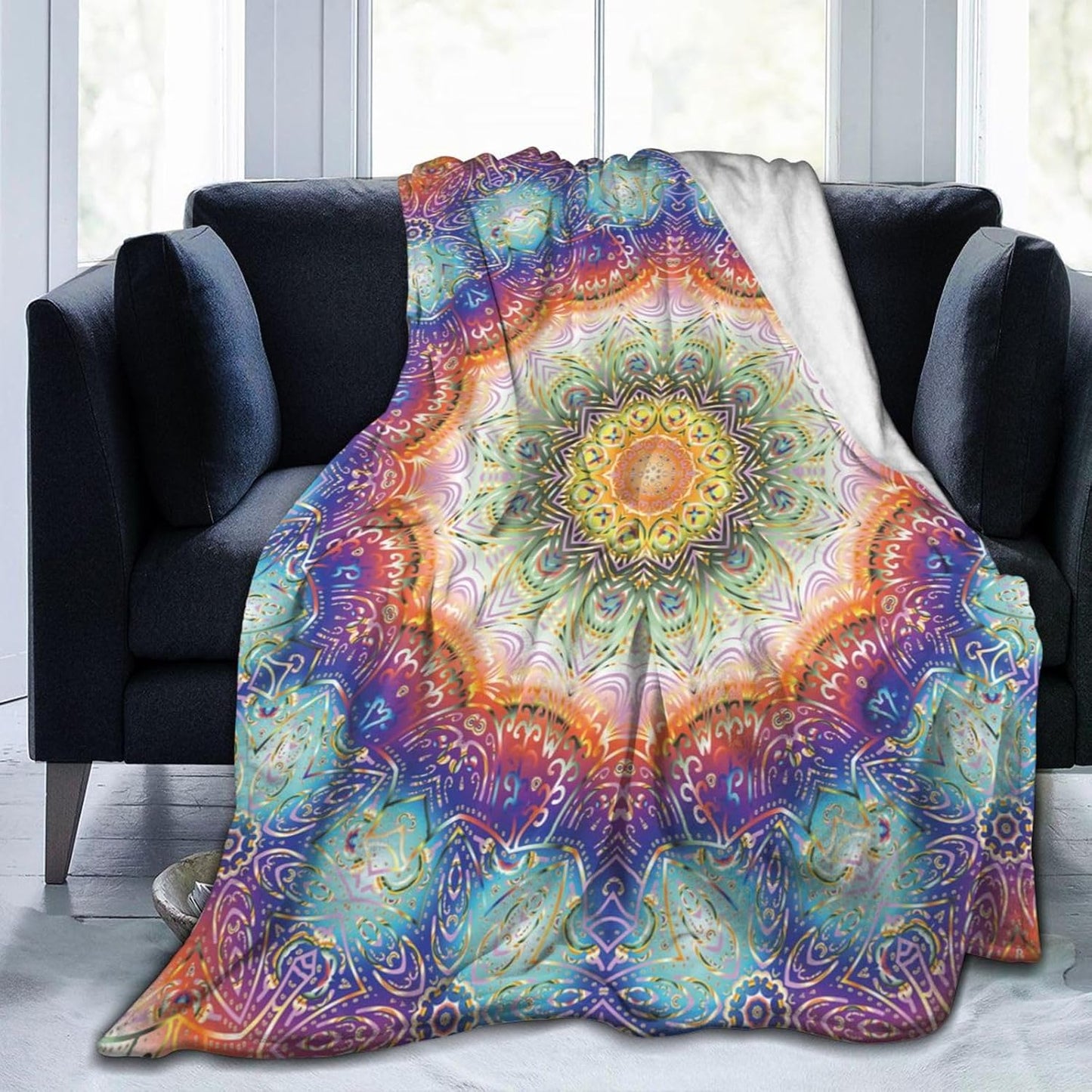 Mandala Peacock Feather Print Bed Blanket Ultra Soft Throw Blanket All Season Warm Light Weight Cozy Plush Blankets for Home Bedroom Sofa Chair Travel, 50"X60"