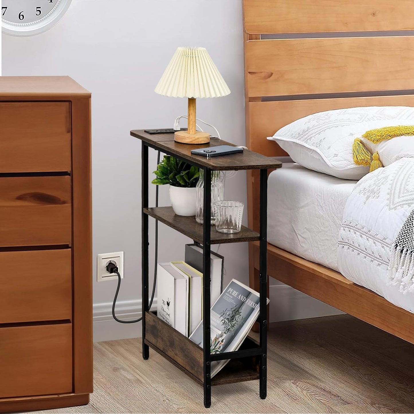 Narrow Side Table with USB-C Charging Station, 3-Tier Slim End Table with Magazine Holder, Modern Thin Side Table for Couch or Small Spaces, Skinny Nightstand for Living Room or Bedroom