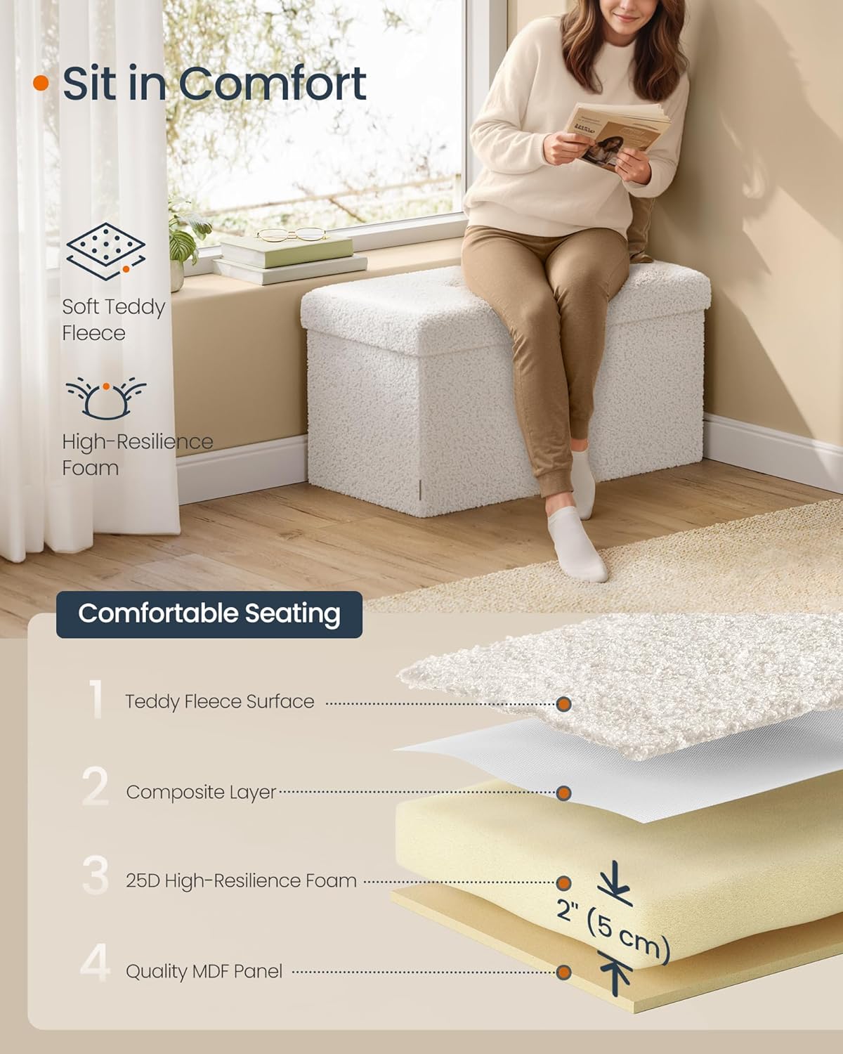 SONGMICS Storage Ottoman Bench, Storage Chest, 15 x 30 x 15 Inches, Foot Rest Stool, End of Bed Bench, Load up to 660 lb, for Living Room, Bedroom, Entryway, Cream White ULSF096W01