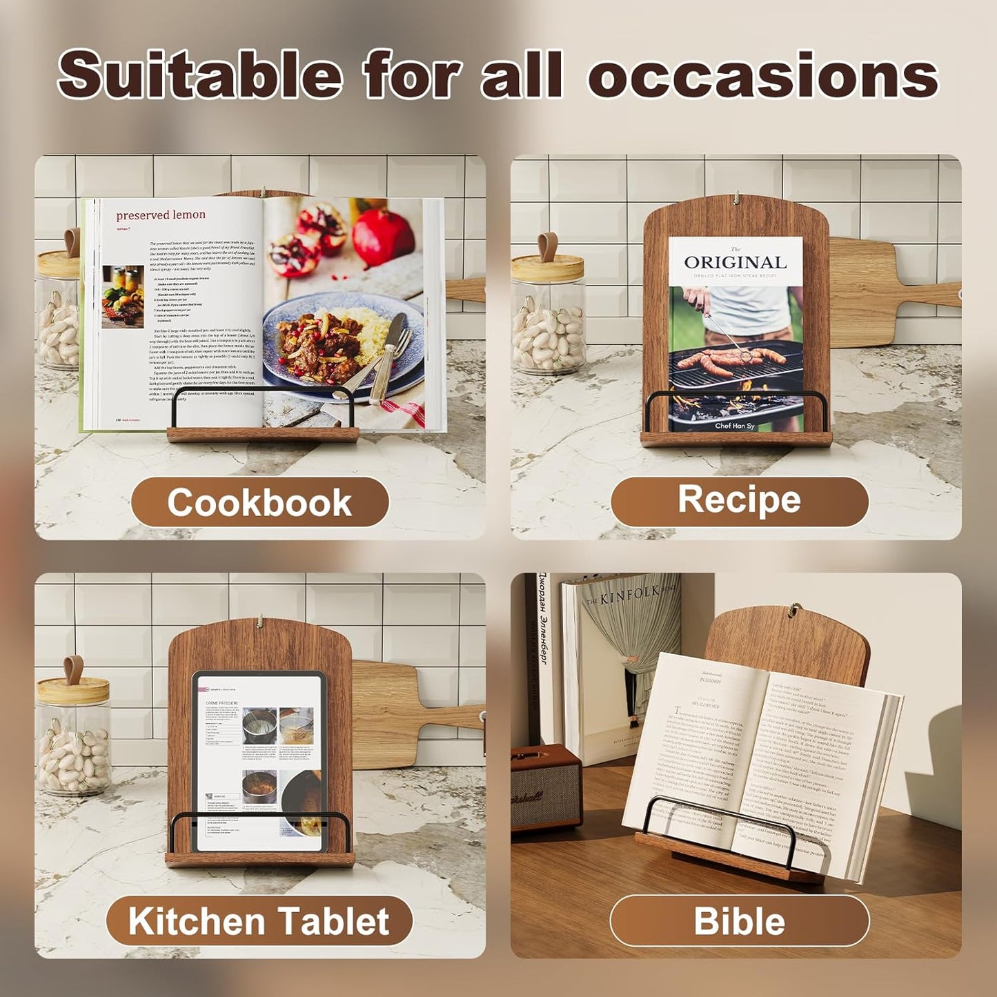 Wooden Cookbook Stand for Kitchen Counter, Rustic Brown Cook Book Stand fits Hanging or Countertop Display, Recipe Book Holder with Adjustable Angle, Wood Cooking Book Stands, Bible Display Holders