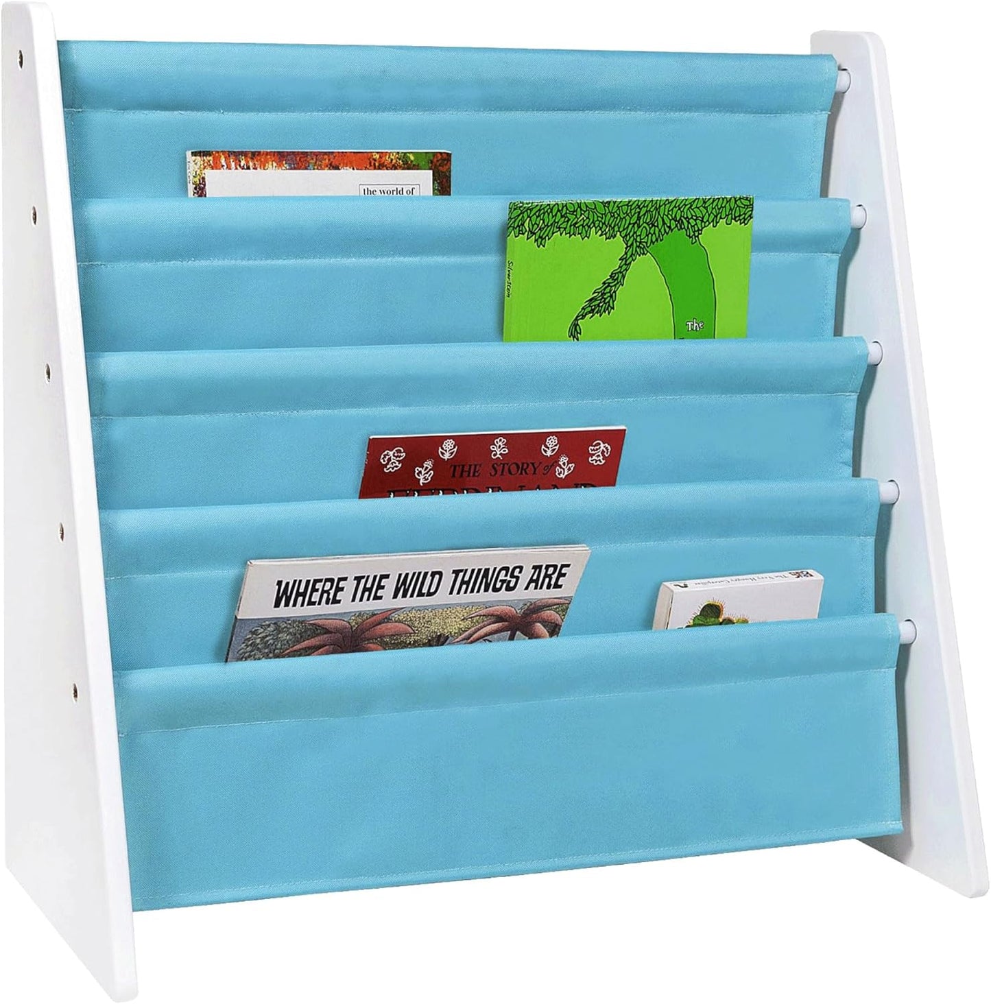 Wildkin Wooden Sling Bookshelf for Kids – Premium Canvas Design with 4 Fabric Shelves, Organizer for Home or Classroom - White w/Aqua