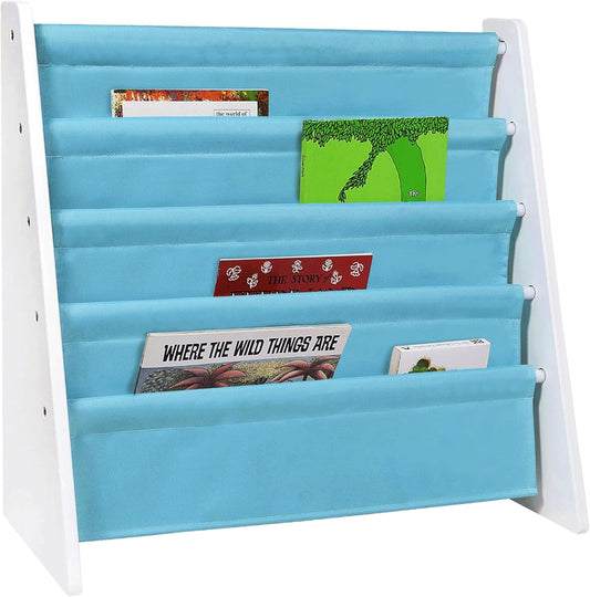 Wildkin Wooden Sling Bookshelf for Kids – Premium Canvas Design with 4 Fabric Shelves, Organizer for Home or Classroom - White w/Aqua