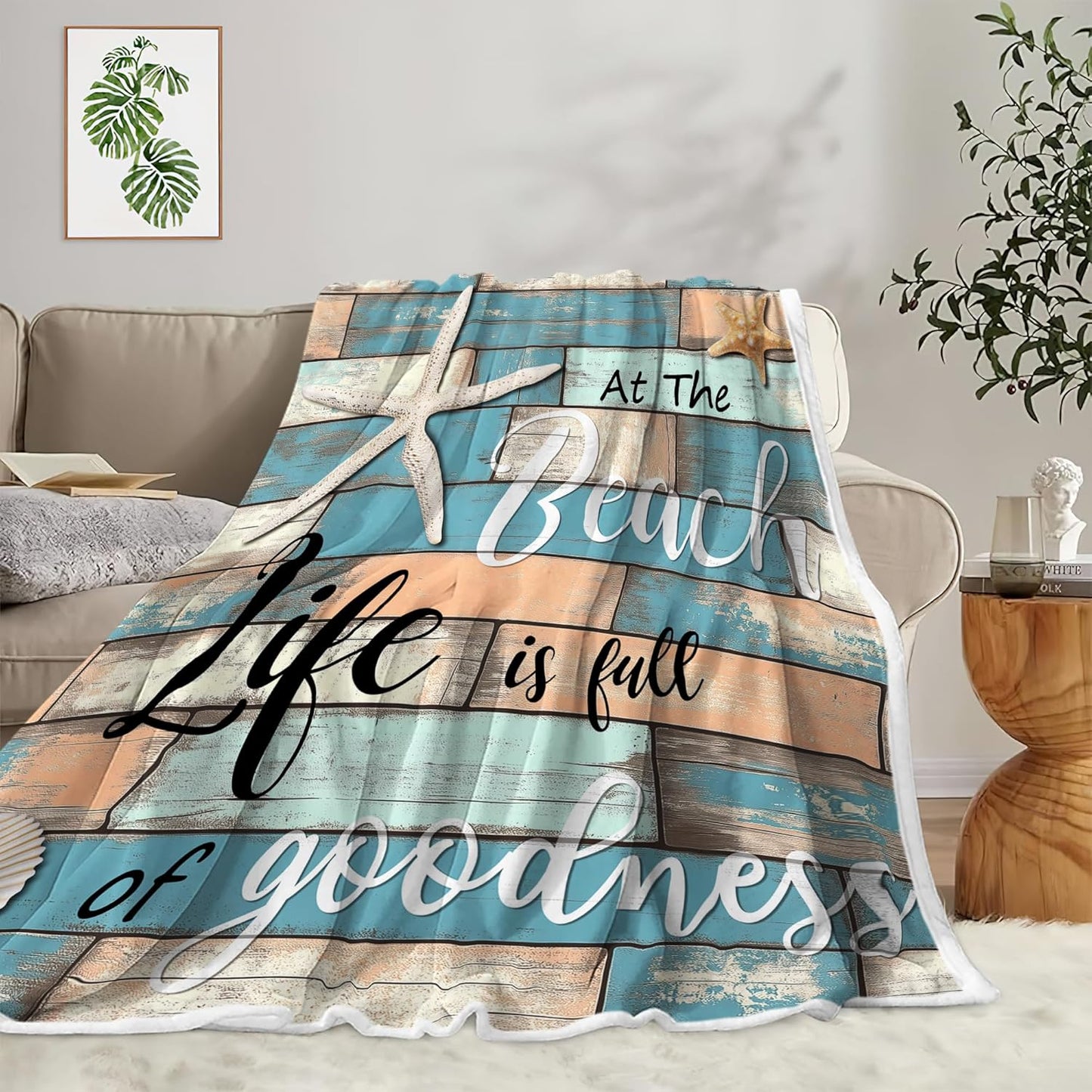 JAWO Beach Throw Blanket, Rustic Vintage Wood Ocean Quote Words Flannel Blanket for Couch Bed Sofa Chair Home Decor, Nautical Coastal Theme Blanket, Cozy Warm Soft Blankets, 50x60 Inch