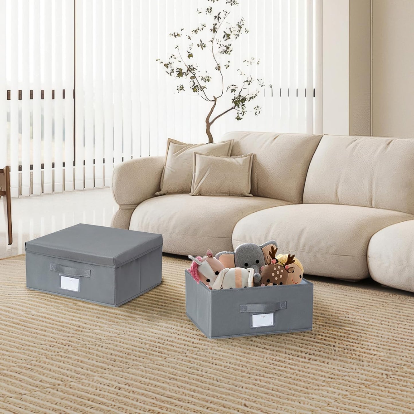 Set of 3 Stackable Storage Bins - Fabric Storage Bins with Lid for DVD Storage, Memory Box, Versatile Closet Storage Bins (Dark Grey, 14.2" L x 12.6" W x 6.3" H)