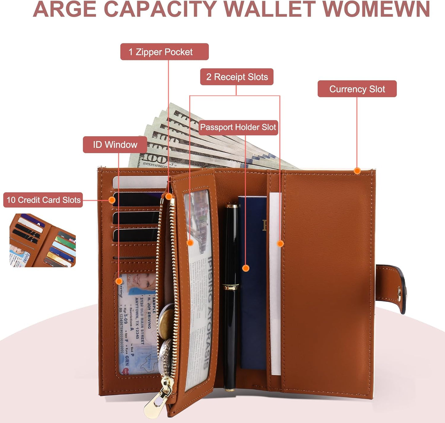 Women's Wallets RFID Blocking Leather Trifold Clutch Wallet Credit Card Holder Ladies Travel Wallet Purse with Pen Holder