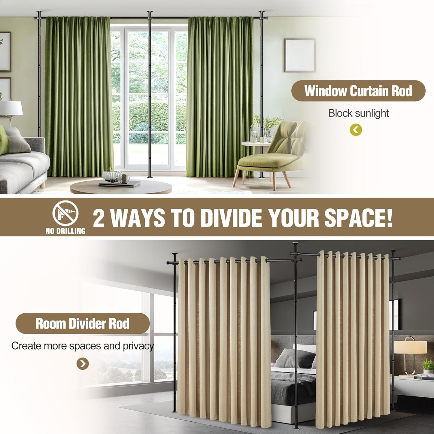 Room Divider Curtain Rod, No Drilling Tension Rod for Room Separation, Adjustable 4-10ft(H) 30-147"(W) Heavy Duty Floor to Ceiling Wall Divider Space Partition Privacy Separator for Dorm Office, Black