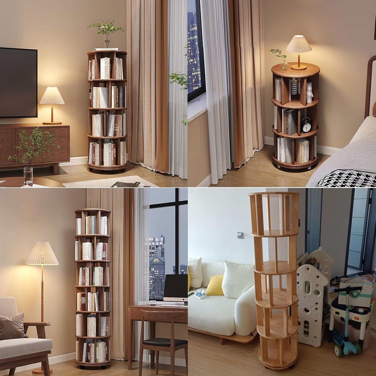 Tall Skinny Bookshelf, Bookcase on Wheels, Corner Display Shelves, Wooden Rotating Bookcase Shelves Floor Freestanding for Living Room Corner, for Home Office Decor (Color : Walnut color, Size : 6 l