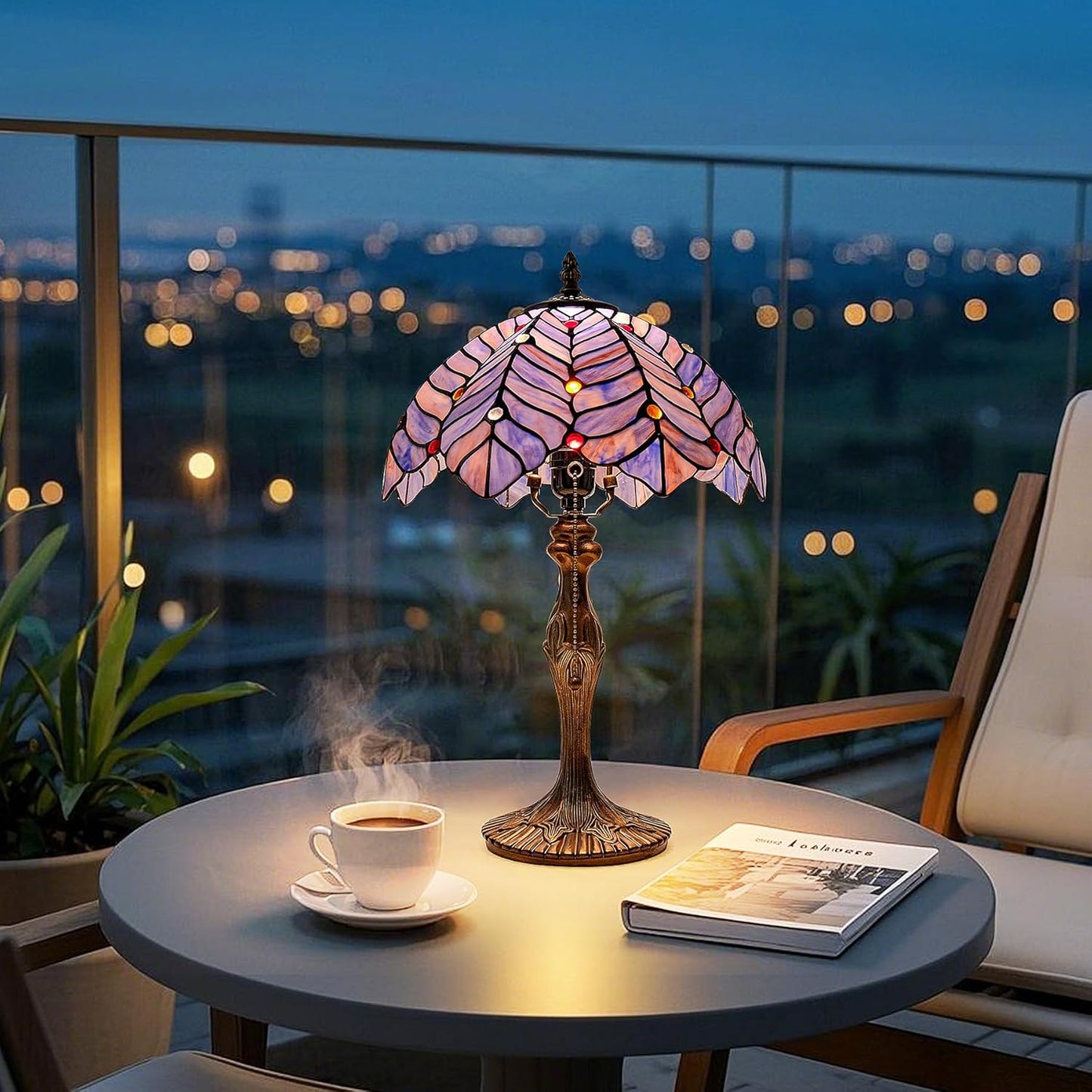 Tiffany Style Lamp, Blue Purple Stained Glass Coconut Leaf Table Lamp, Vintage Accent Reading Light Decor Bedroom Living Room Home Office W12H19 Inch