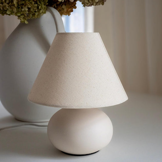 11" Small Table Lamp – Handmade Round Ceramic Cream Base with Off-White Fabric Shade, Dimmable Plug-in Nightstand or Accent Light – Organic Boho Japandi Decor for Bedroom or Small Spaces