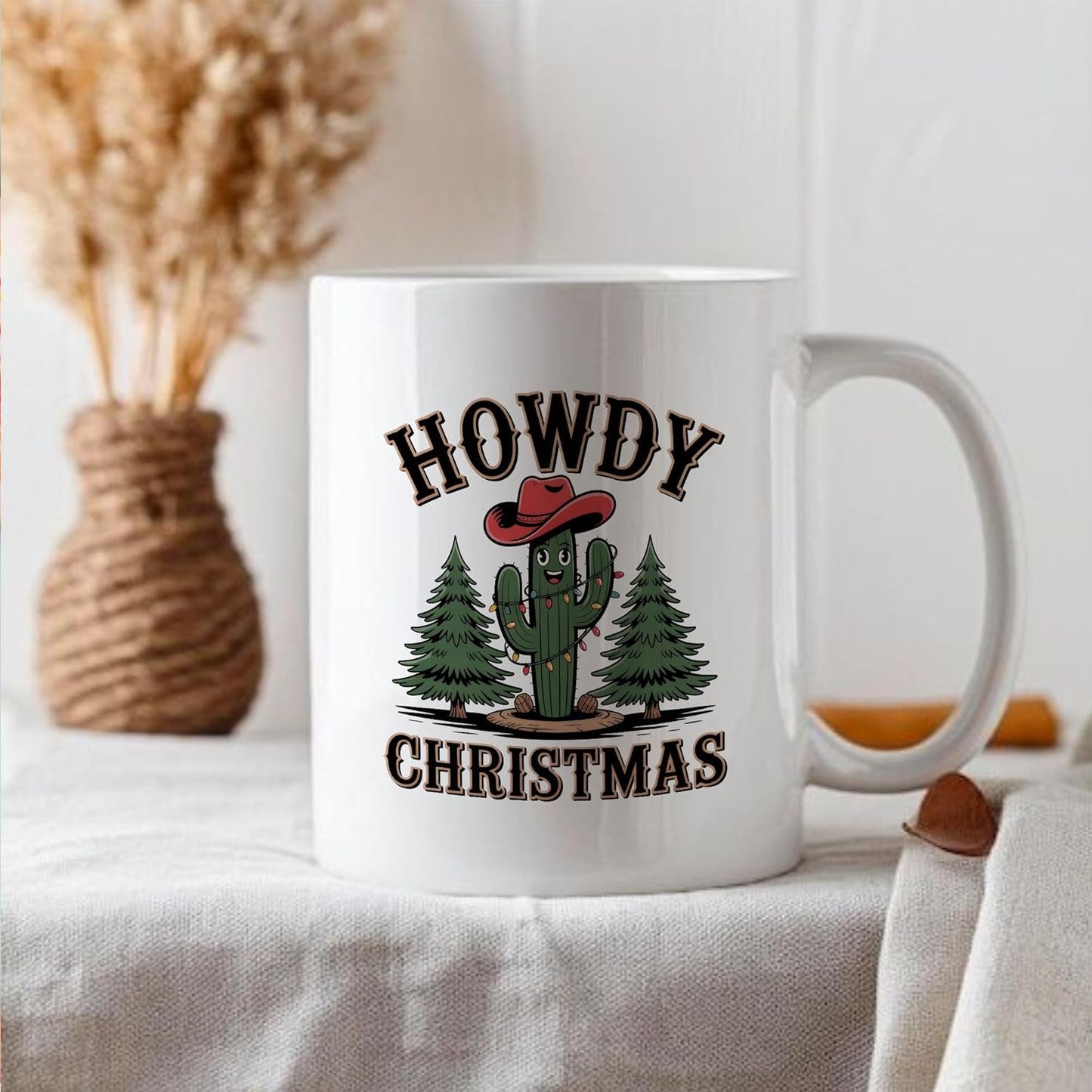 Rustic Howdy Christmas Western Cactus White Mugs, 11oz 15oz Drinking Cups, Kitchen Décor, Gifts For Book Lovers