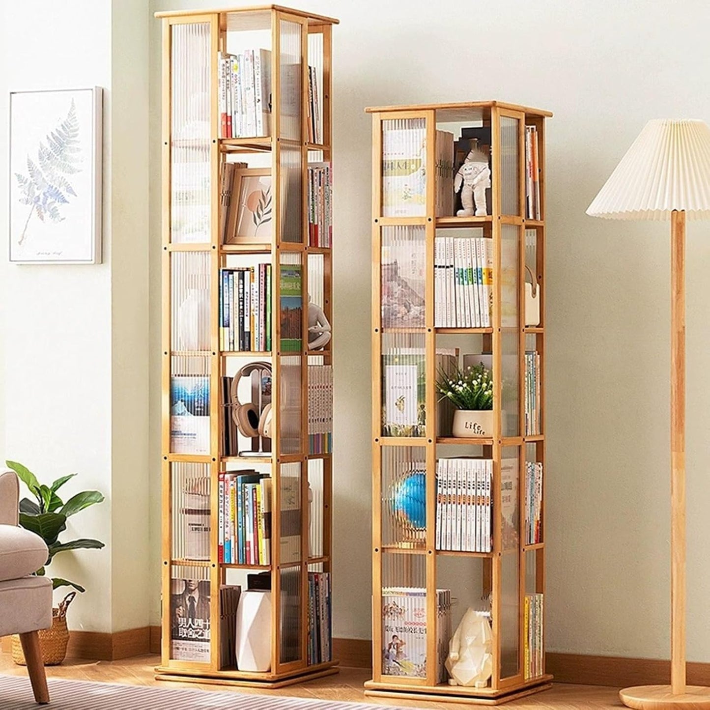 YVYKFZD Rotating Bookshelf Tower, 360° Revolving Bookcase, Bamboo Narrow Display Storage Rack, Floor Standing Corner Book Shelf Organizer, for Small Space, Home/Office/Study(Wood,5 Tier 14.5x14.5x59.4