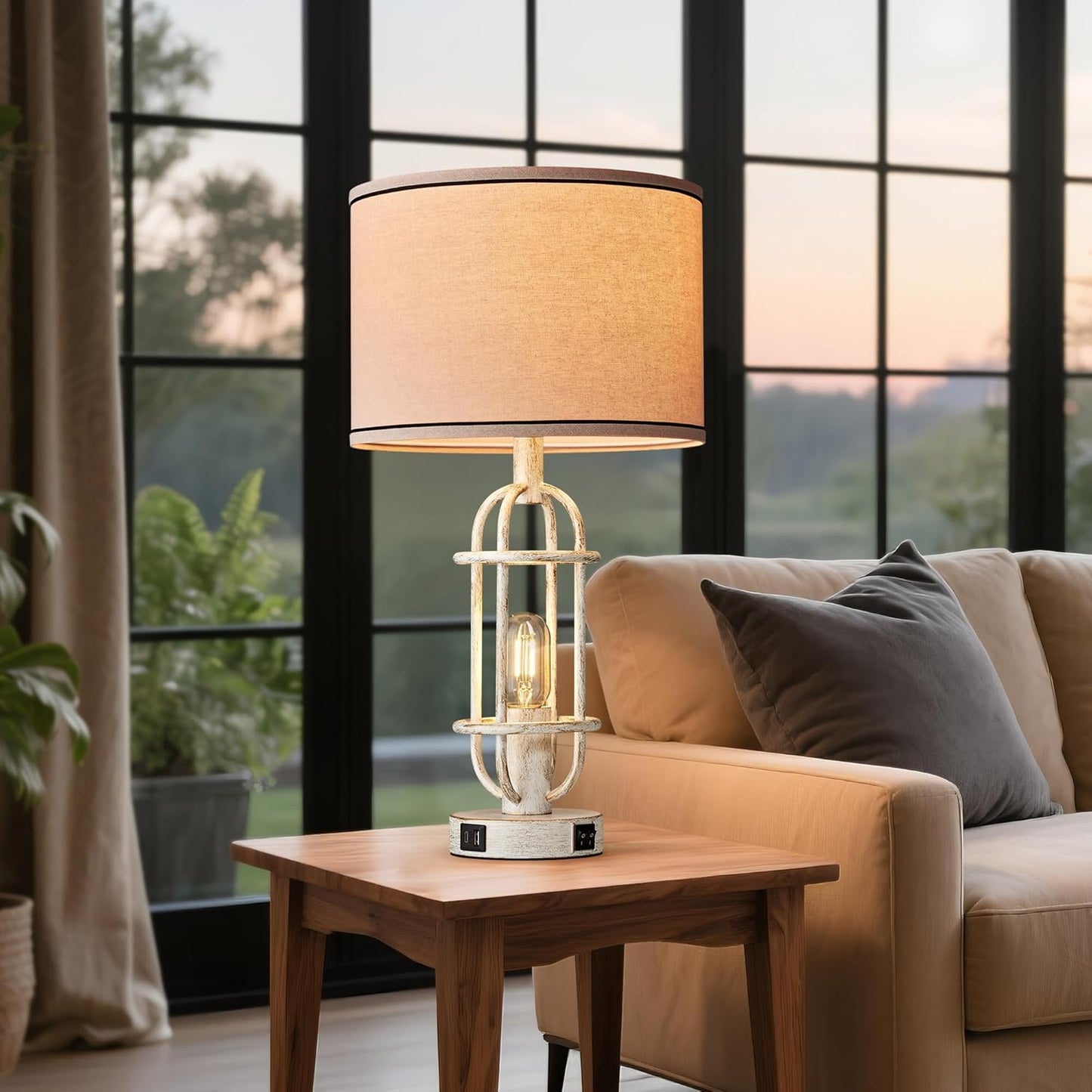 22.3" Farmhouse Table Lamps Set of 2, Vintage Lamps for Living Room End Tables, Bedroom Lamp for NightStand with USB C+A Ports, Antique White